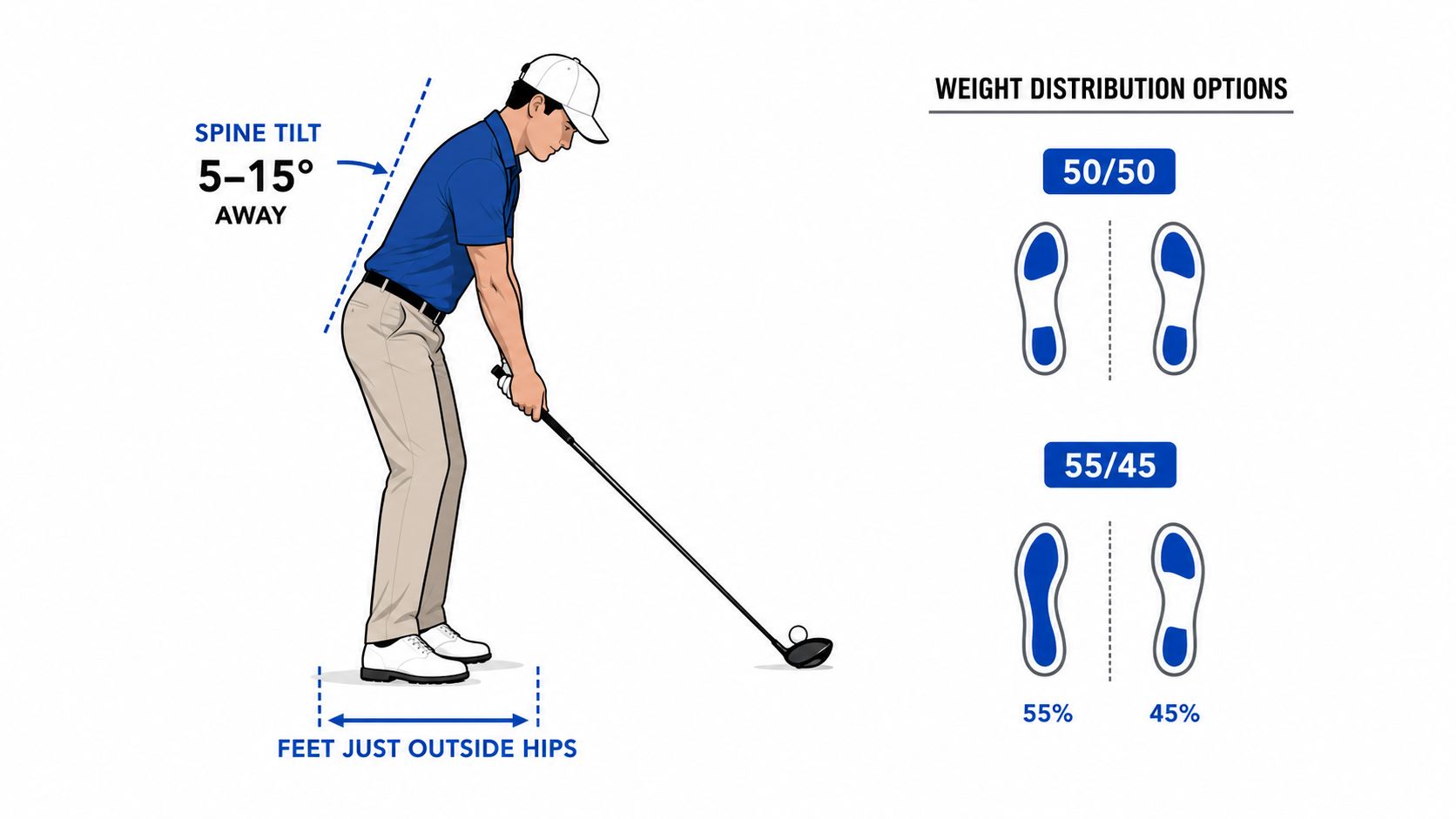 An instructional illustration showing the correct stance, spine tilt, and weight distribution for a golf driver setup.