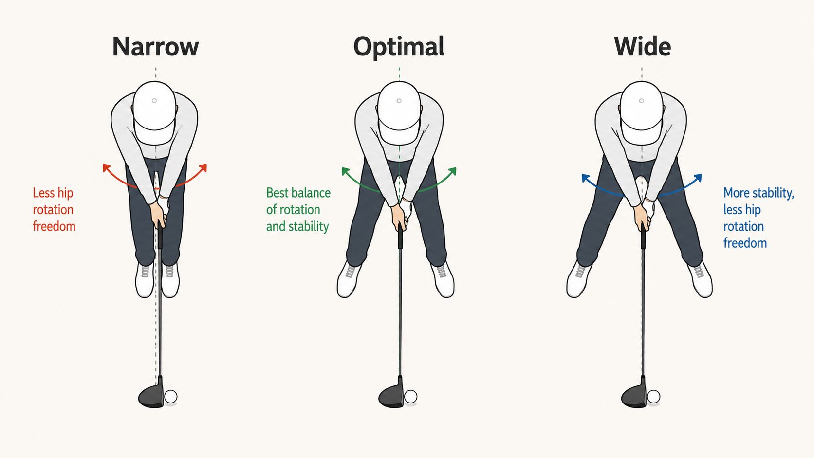 A diagram comparing narrow, optimal, and wide golf stance widths to illustrate their impact on hip rotation.