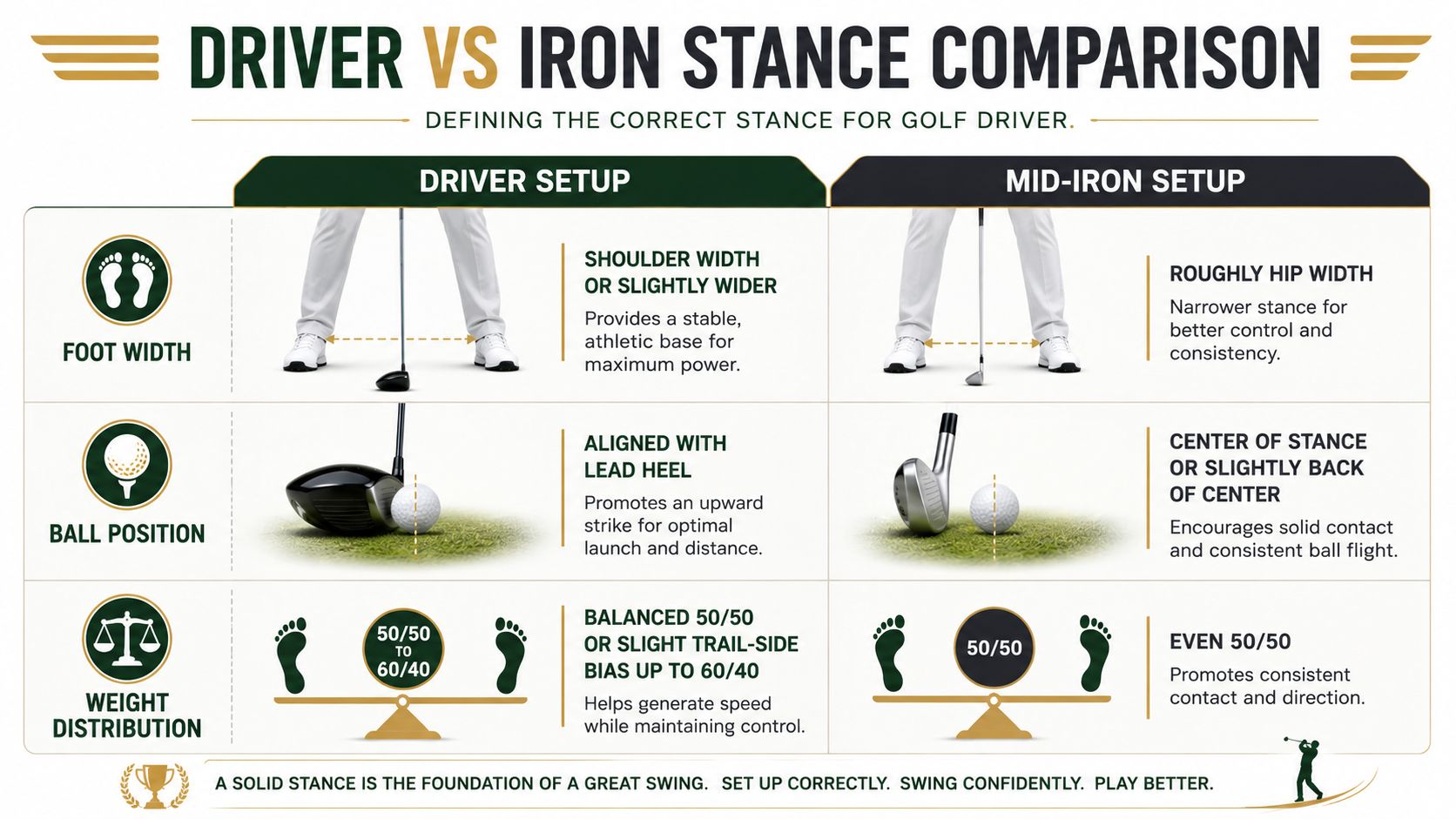 A comparison chart showing the correct stance, ball position, and weight distribution for golf drivers versus mid-irons.