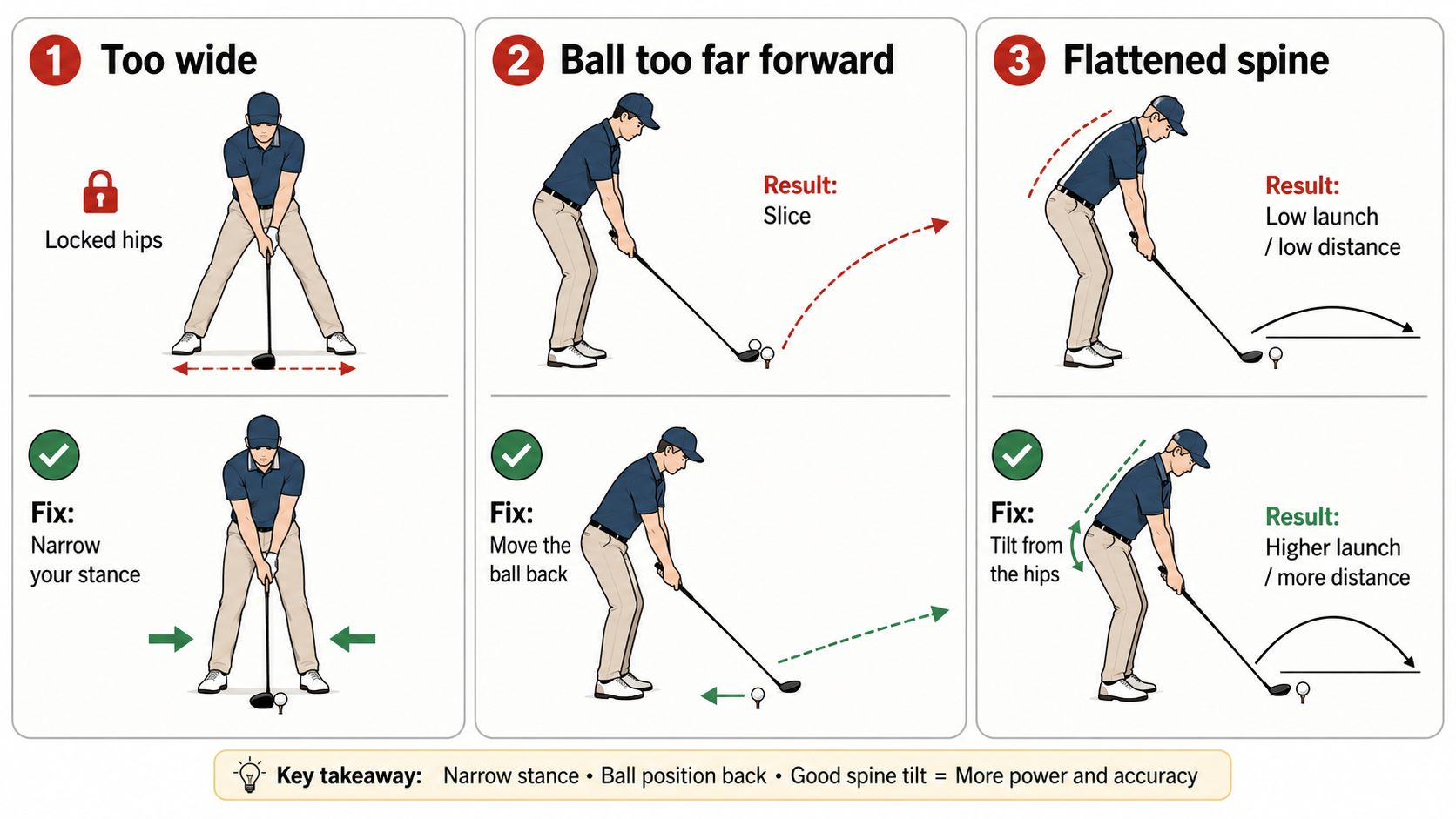 A diagram illustrating three common golf driving mistakes and their corresponding corrections to improve power and accuracy.