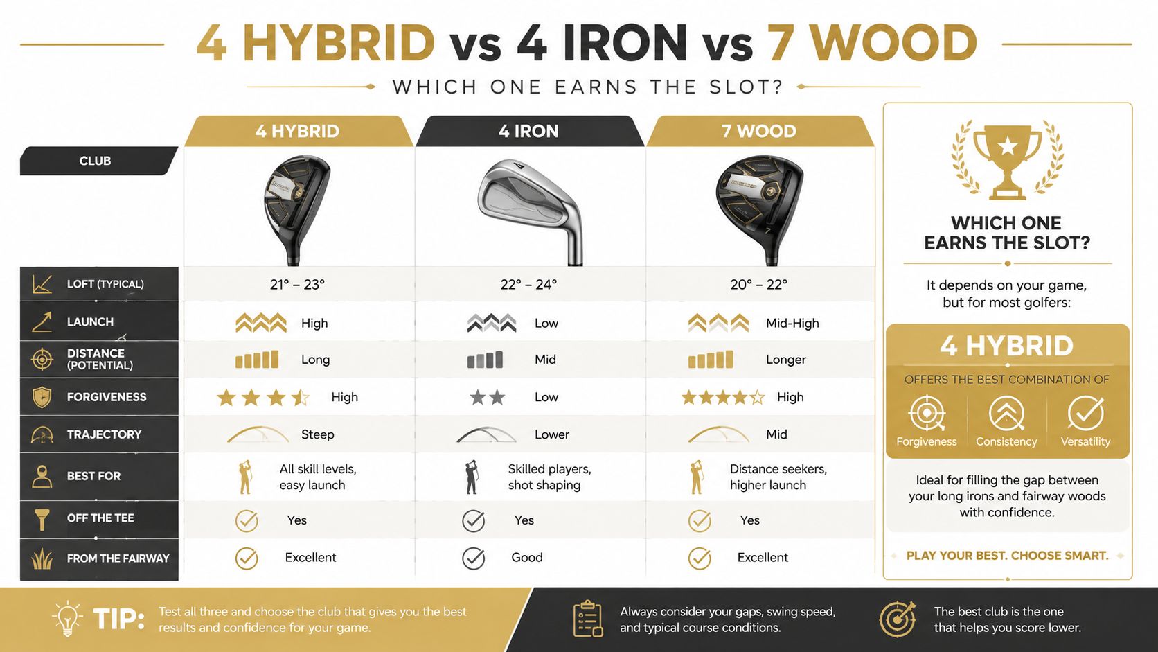 A comparison chart showing features of 4 hybrid, 4 iron, and 7 wood golf clubs.