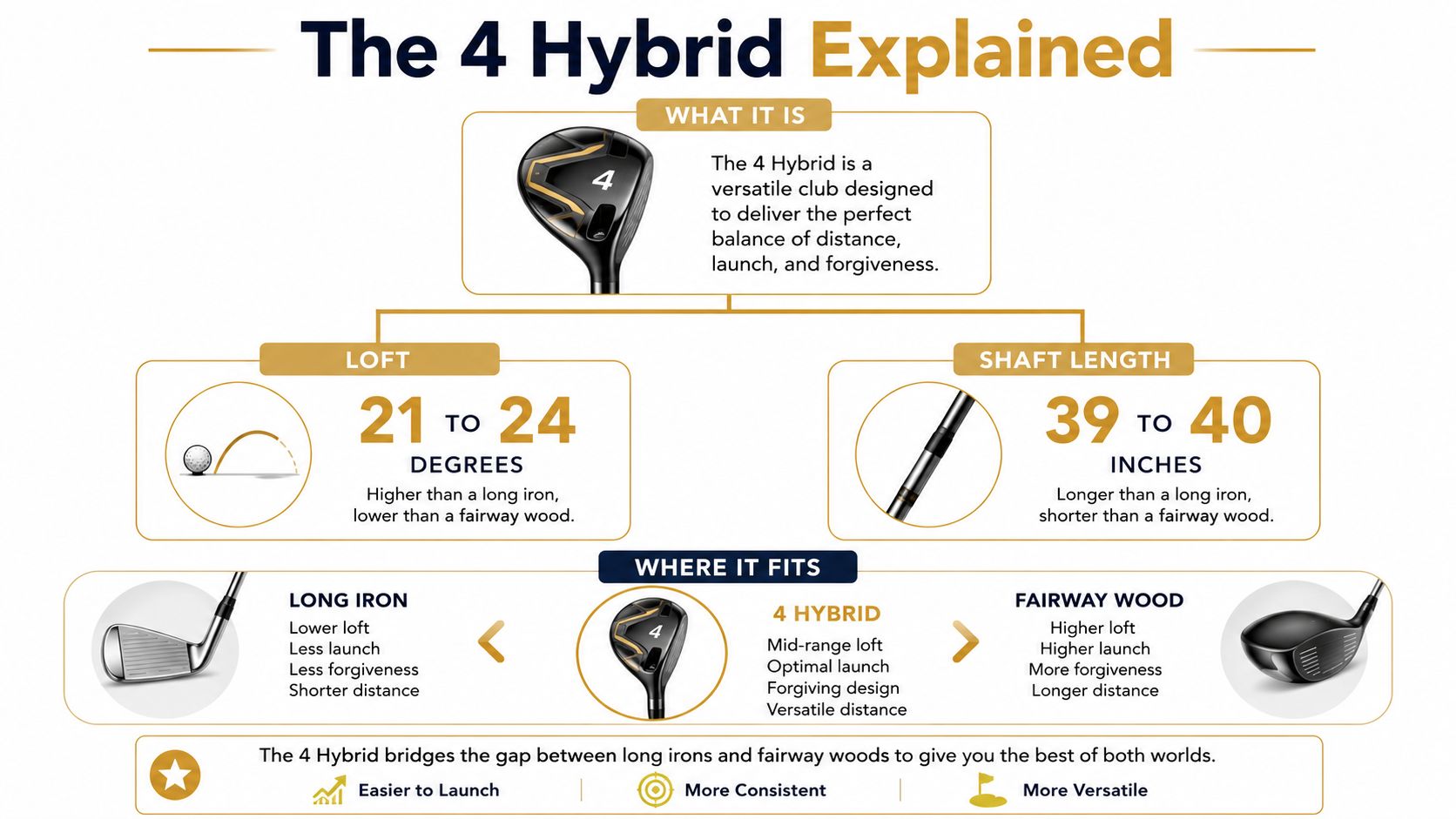 An infographic explaining the features, loft, and shaft length of a 4 hybrid golf club.