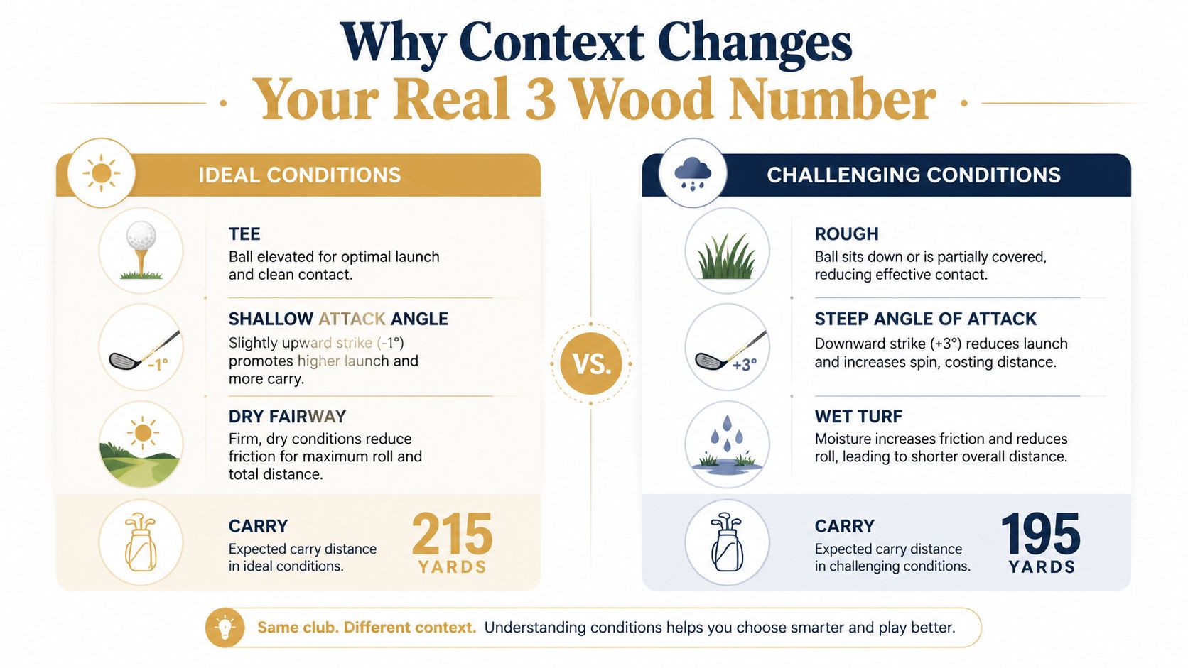 A graphic comparing a 3 wood golf club's carry distance between ideal and challenging playing conditions.