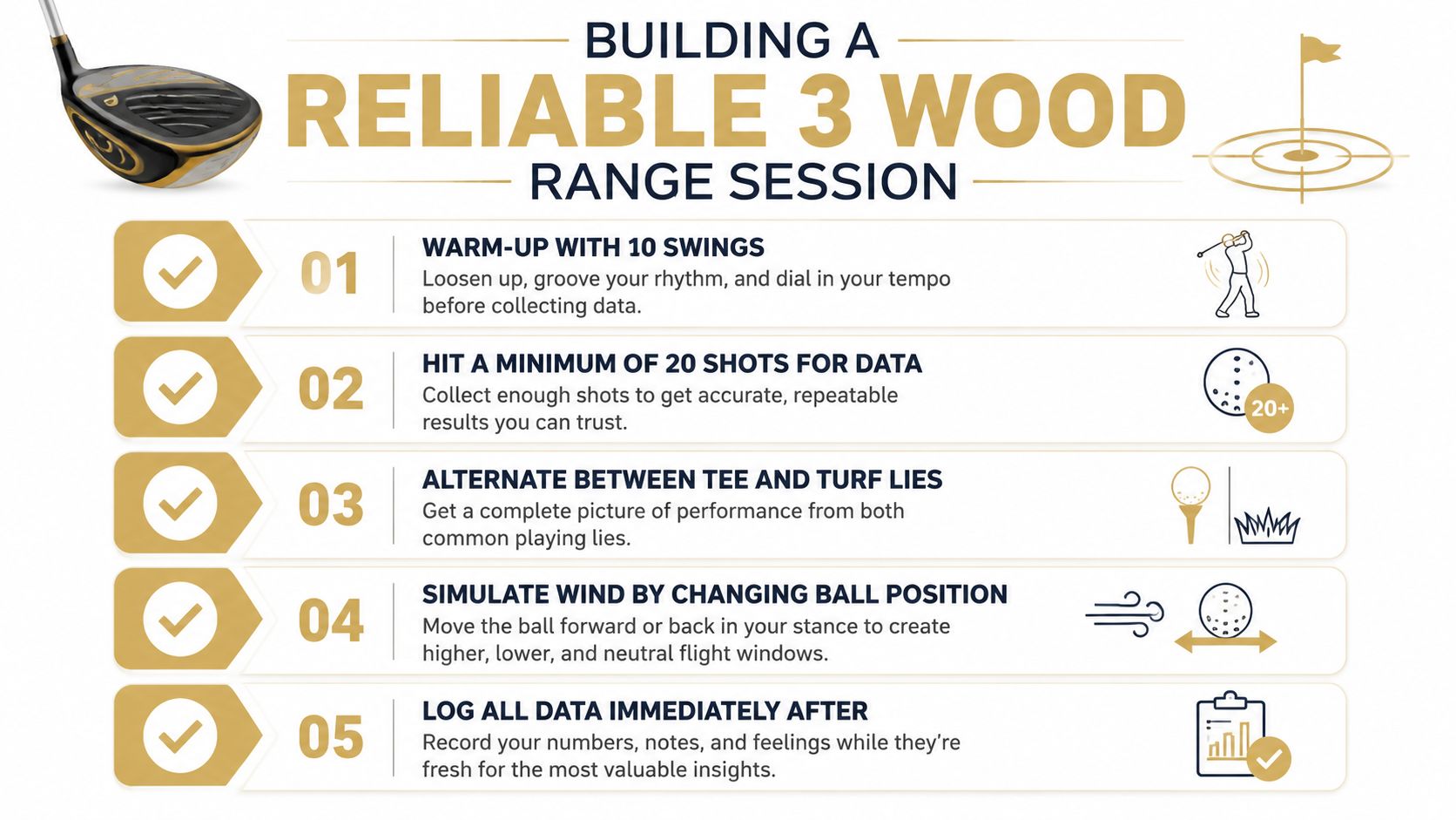 A checklist infographic titled Building a Reliable 3 Wood Range Session with five steps for golf practice.