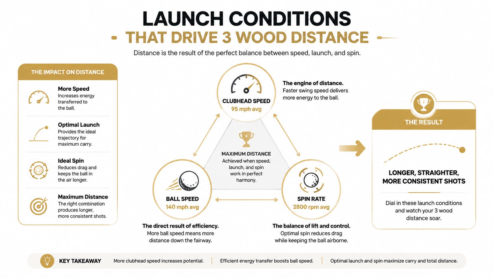 An infographic detailing the optimal clubhead speed, ball speed, and spin rate for maximizing 3 wood distance.