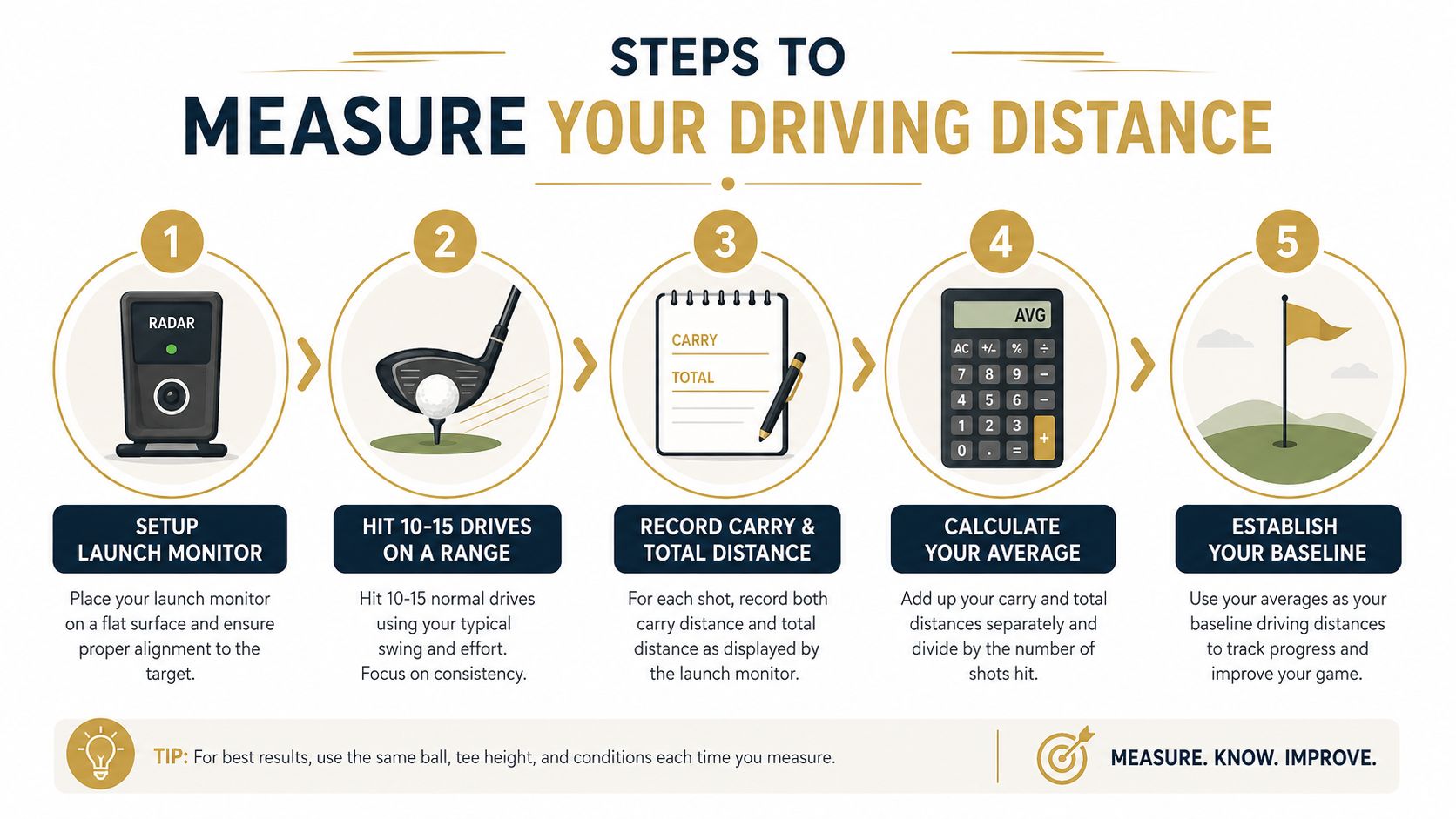 An infographic showing five easy steps to measure your golf driving distance using a launch monitor.