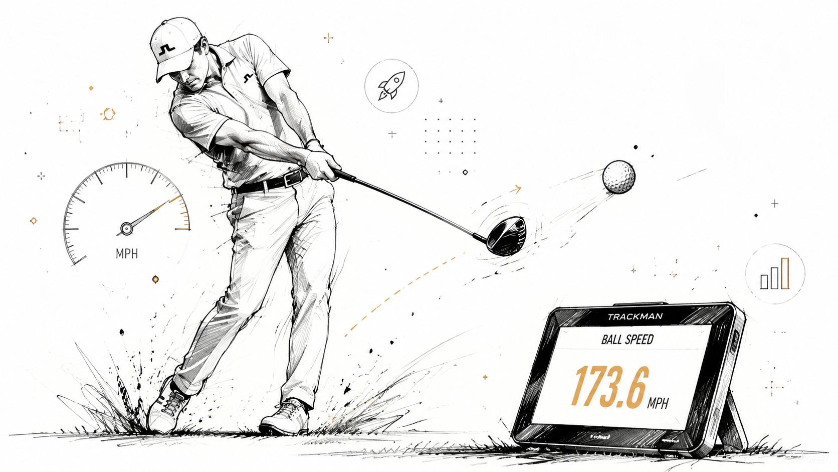 A black and white sketch of a golfer hitting a ball measured by a Trackman monitor.