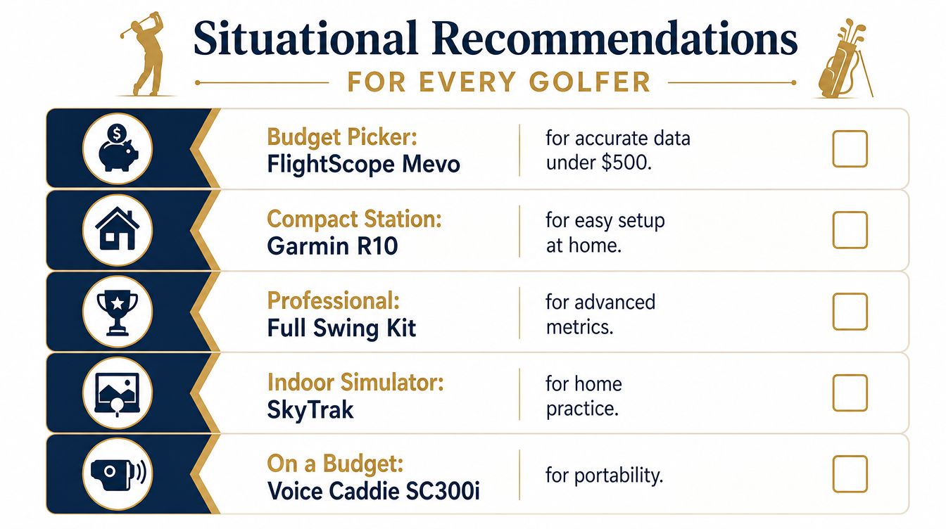 A chart listing situational recommendations for golf launch monitors, categorized by user needs and budgets.