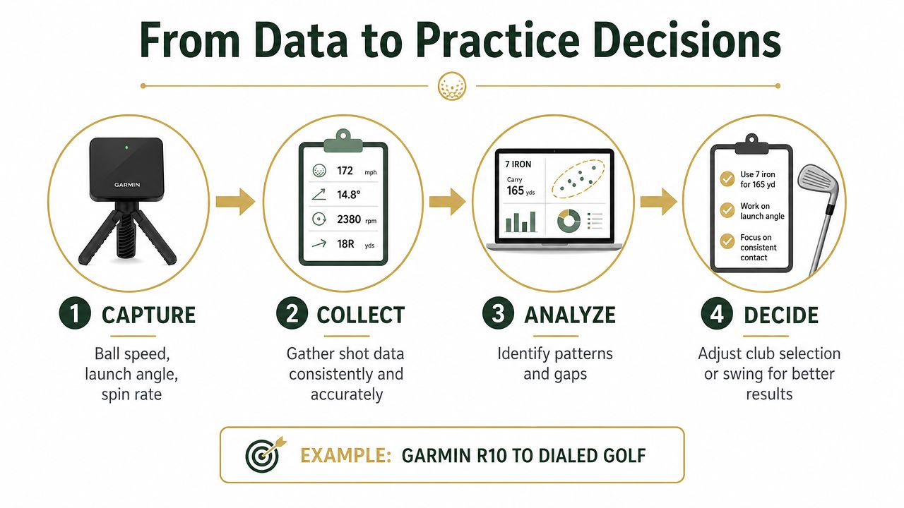 A four-step infographic showing how golf launch monitor data helps players improve their practice decisions.