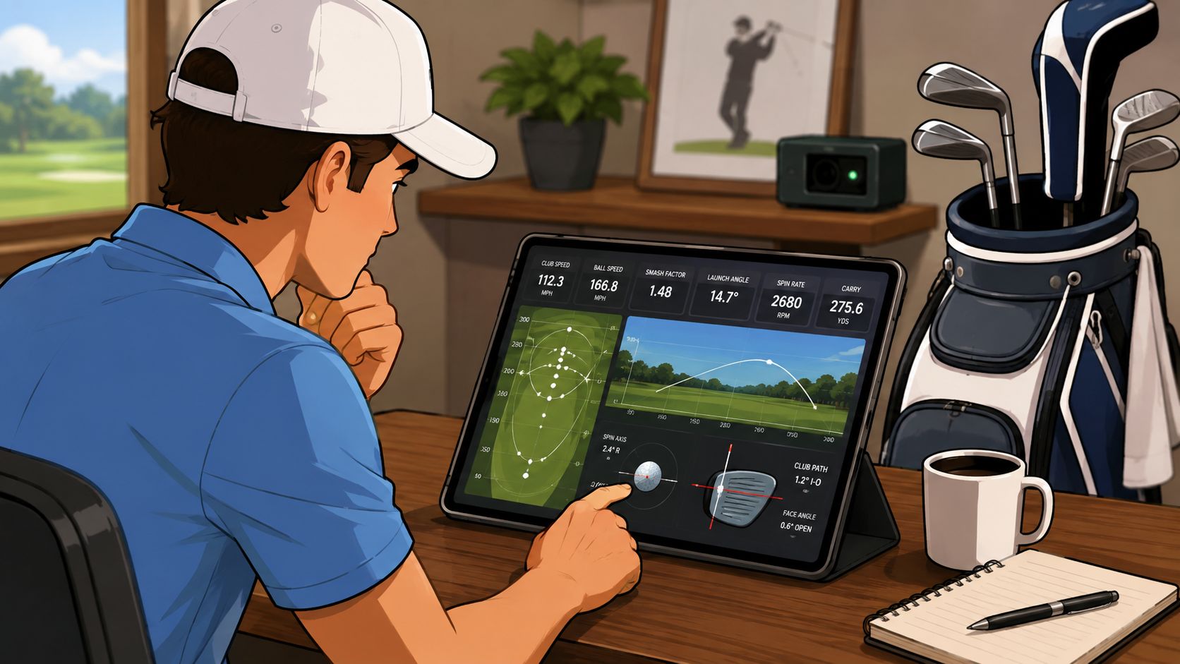 A golfer analyzes his swing data and ball flight statistics on a tablet screen in his office.