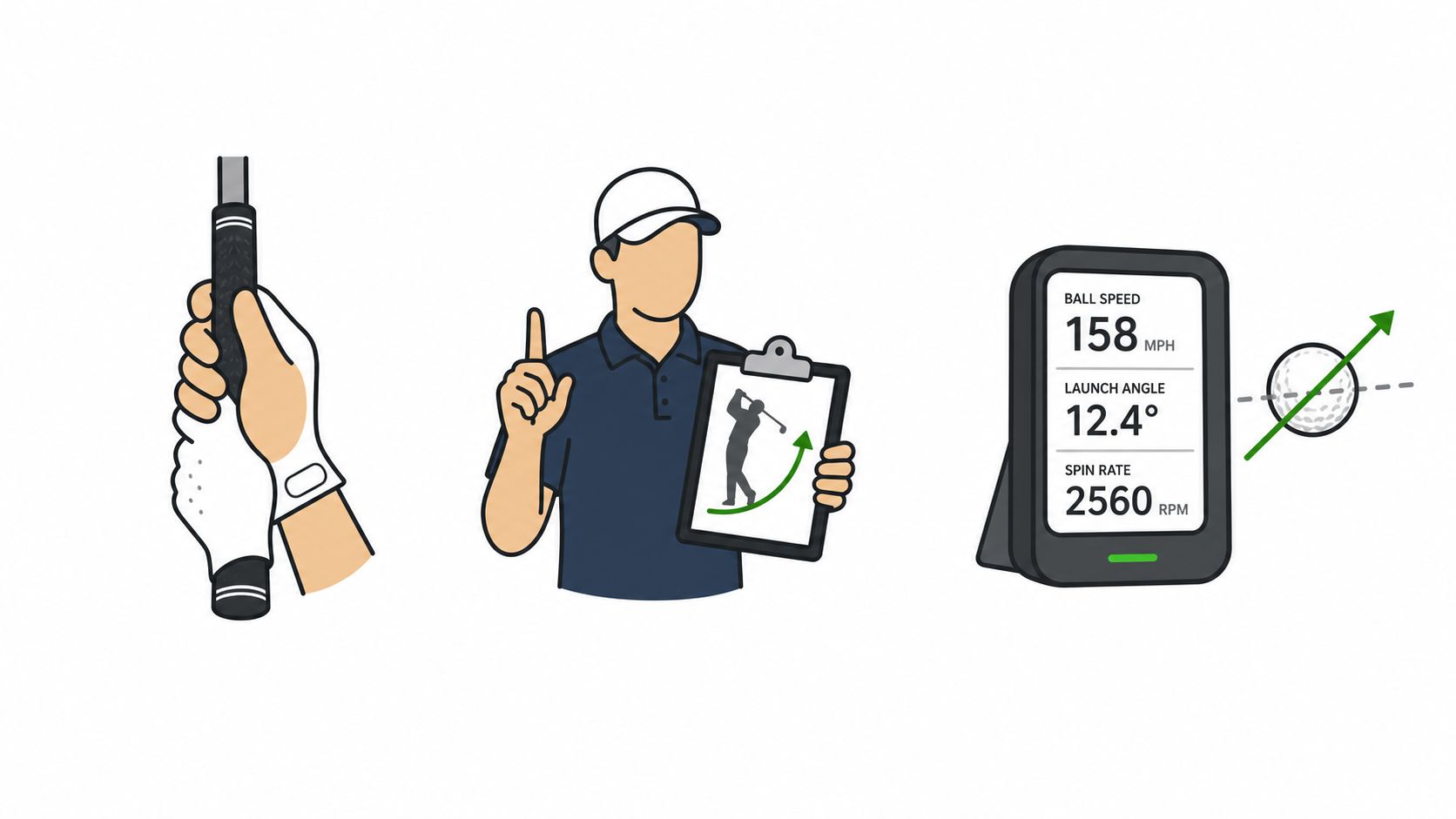 An illustration showing a golf grip, a coach with a clipboard, and a launch monitor displaying data.