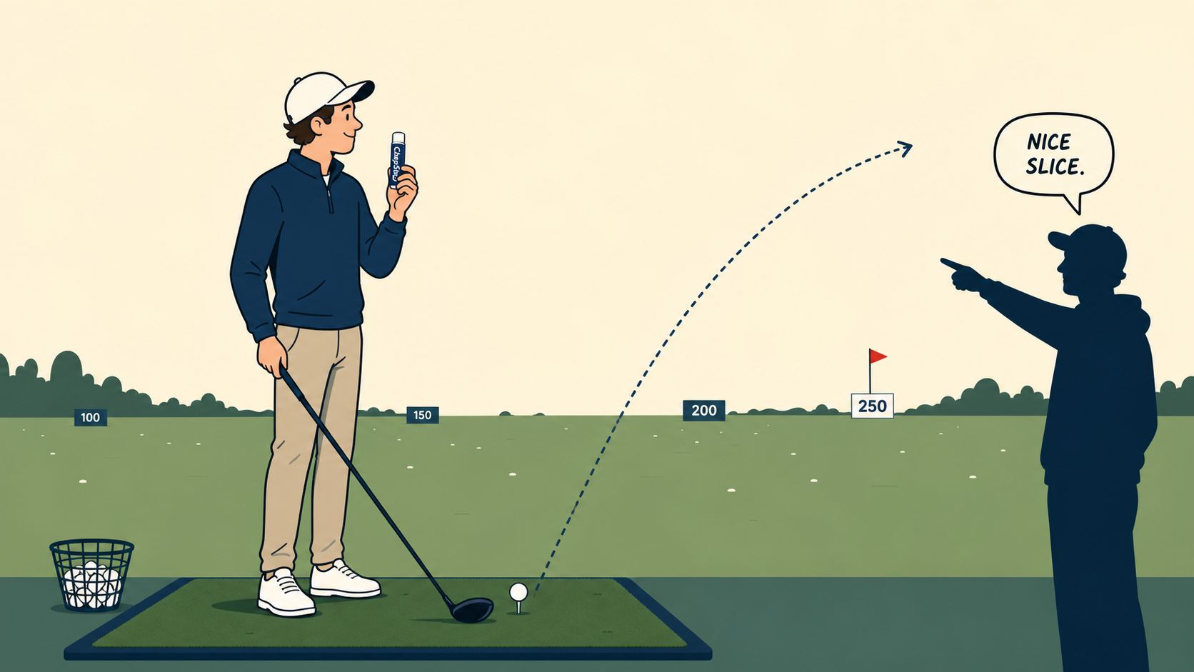 A golfer stands on a driving range holding a Chapstick tube while a friend mocks his slice.