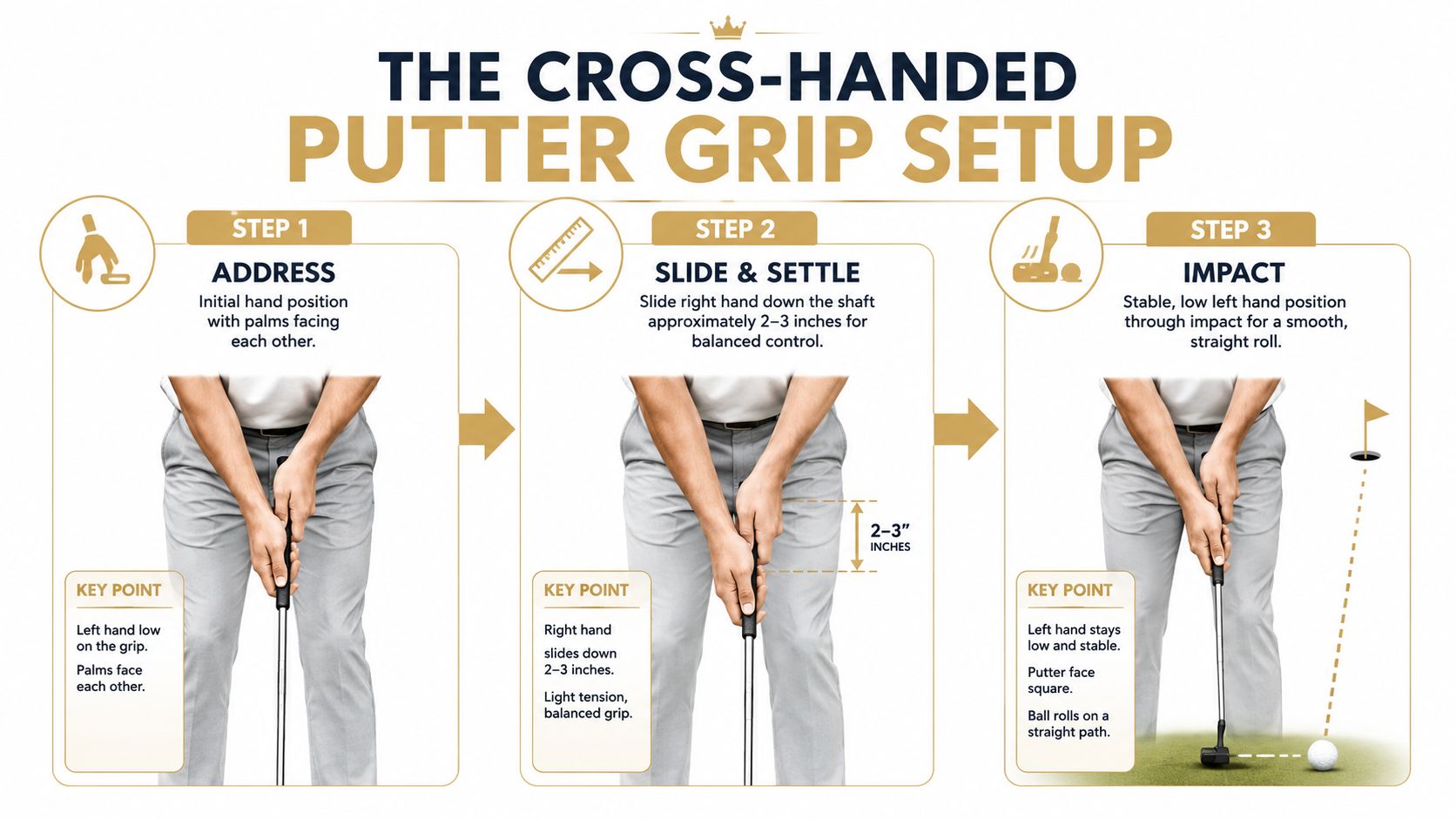 An infographic illustrating the three steps of the cross-handed putter grip technique for improved golf performance.