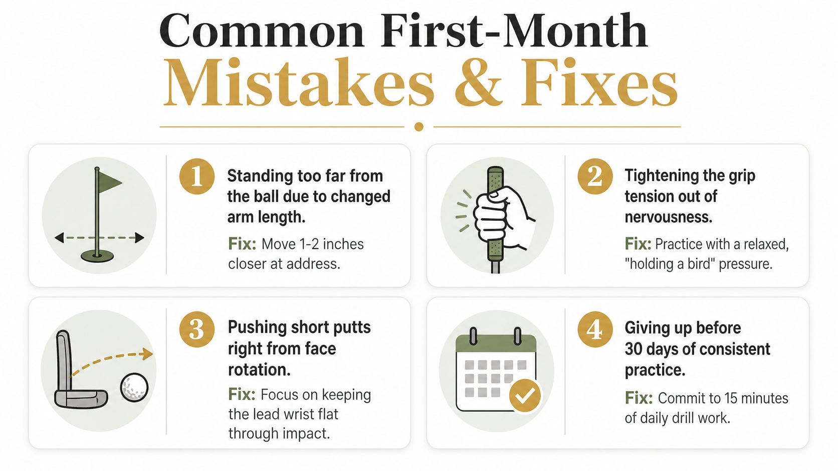 An infographic detailing four common golf putting mistakes and their corresponding fixes for new players.