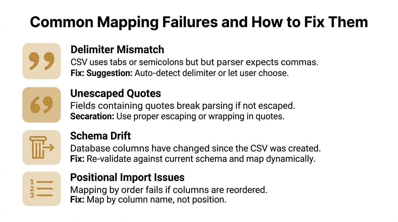 An infographic titled Common Mapping Failures and How to Fix Them illustrating common CSV import errors.