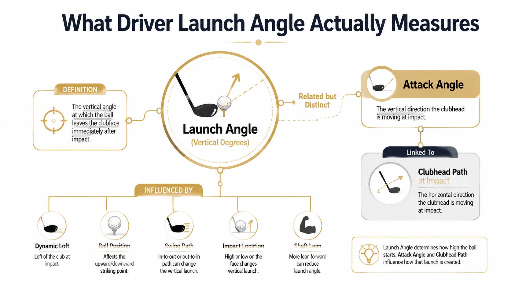 An infographic diagram explaining what driver launch angle is, its influences, and its relationship to golf mechanics.