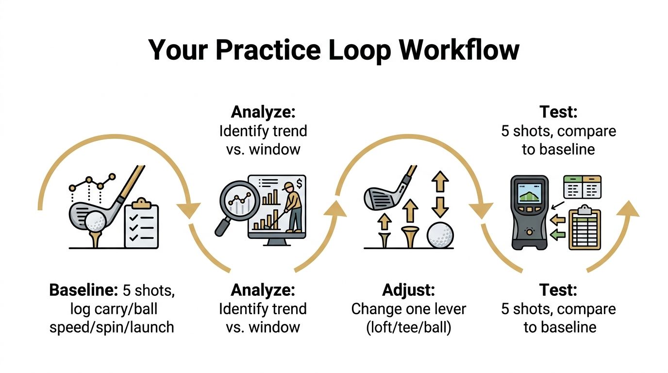 A four-step golf practice loop workflow diagram illustrating how to optimize driving performance through iterative testing.