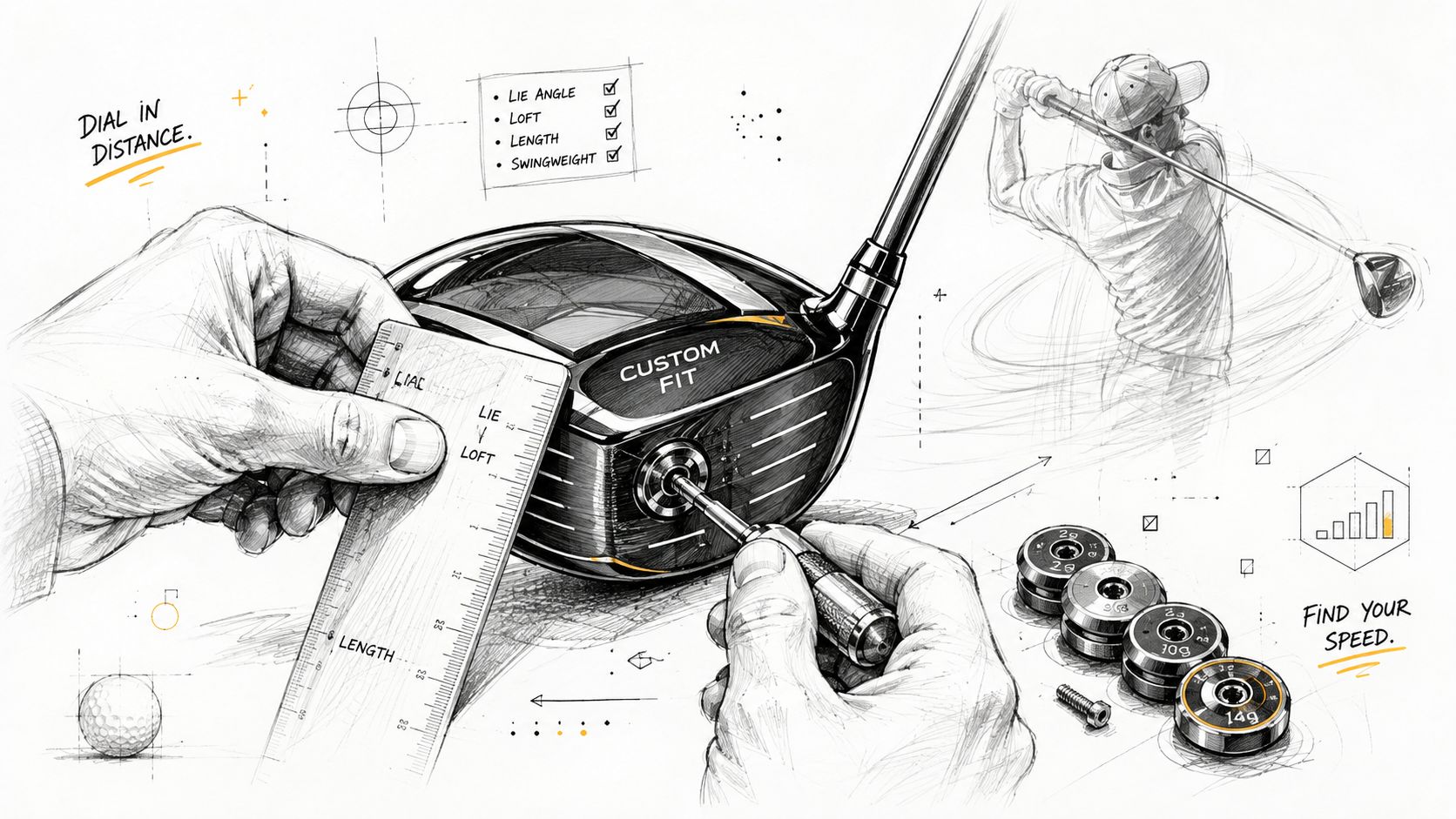 A detailed technical sketch illustrating the custom fitting process of a professional golf driver for optimized performance.