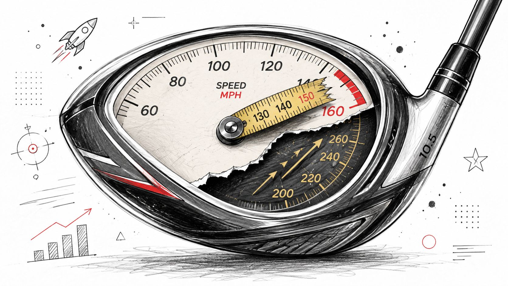 A creative illustration of a golf driver head featuring a speedometer gauge showing high speed performance.