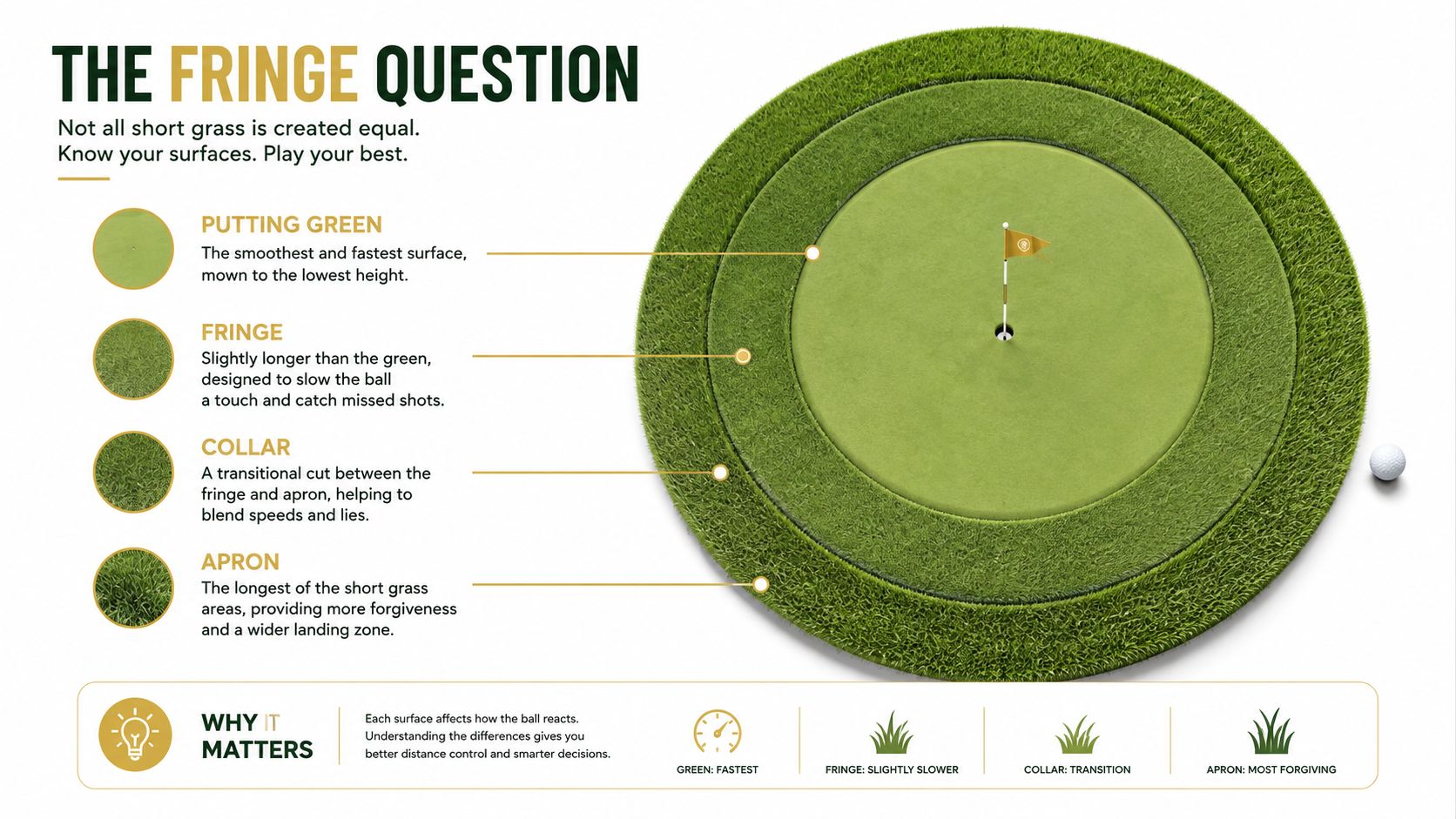 A diagram illustrating the different types of grass surfaces surrounding a golf hole on a putting green.