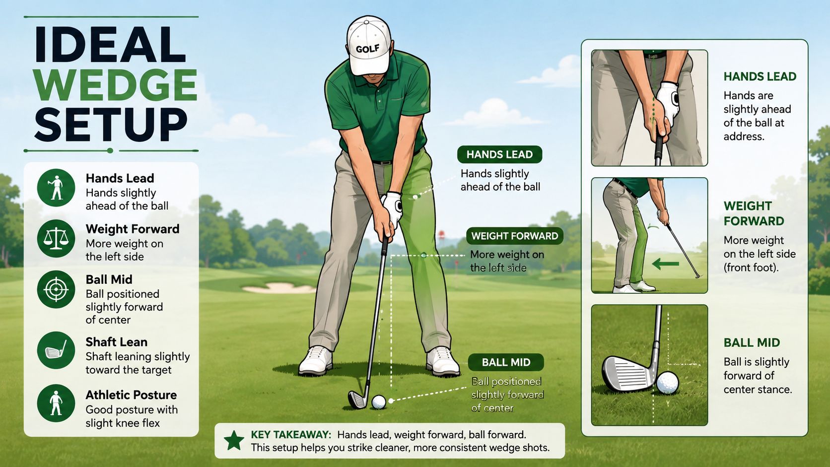 An infographic showing the ideal wedge setup in golf, highlighting proper hand position, weight distribution, and ball placement.