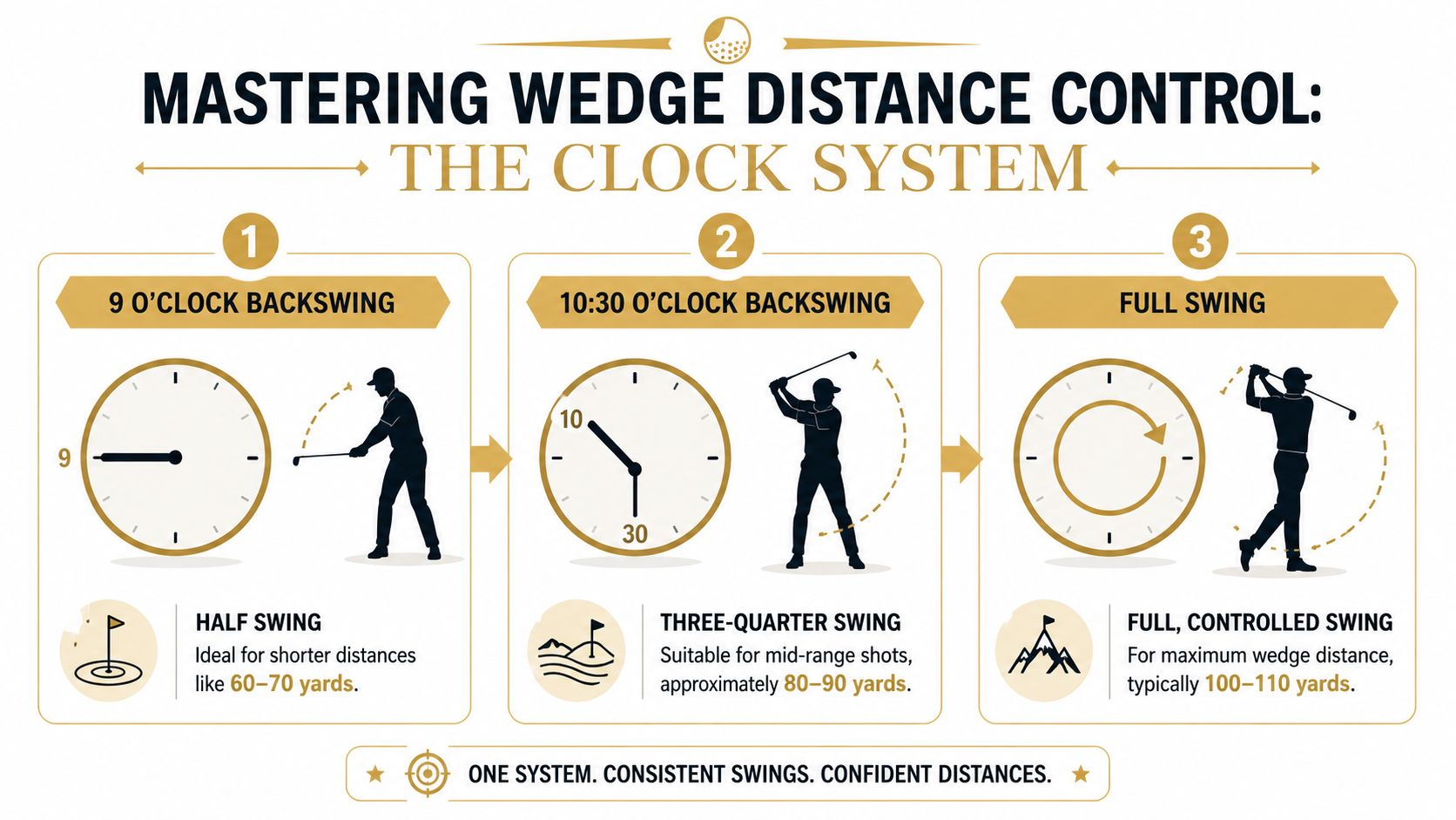 A diagram explaining the clock system for mastering golf wedge distance control using different backswing positions.