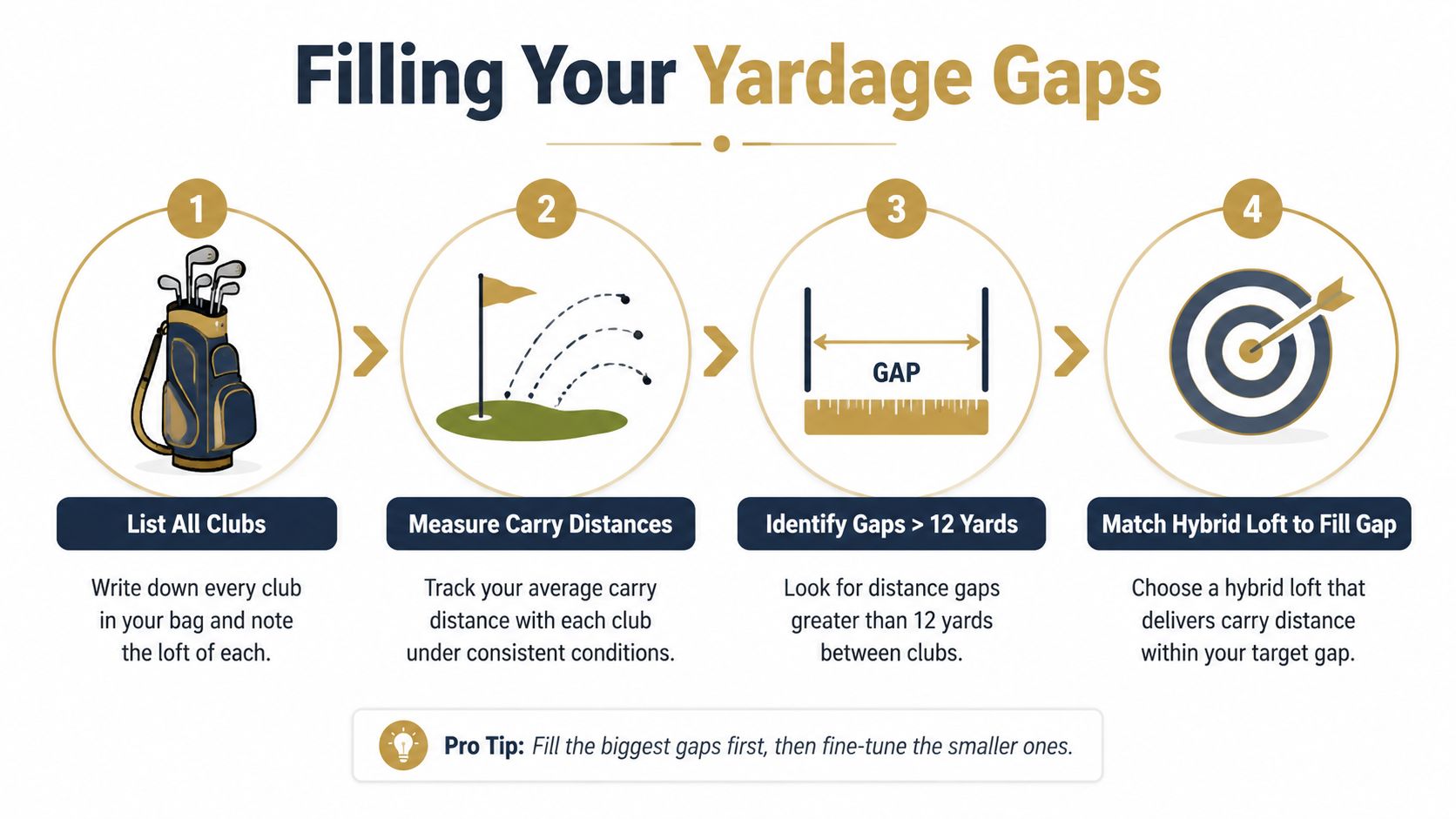 An infographic showing four steps to optimize golf bag yardage gaps using hybrid club lofts.