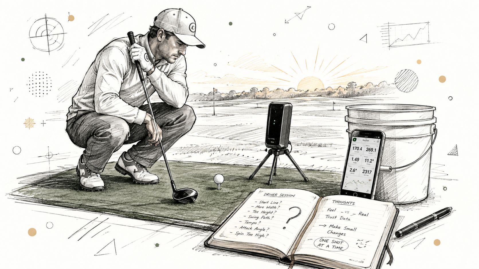 A professional golfer analyzes data from a launch monitor and notebook while practicing on a driving range.