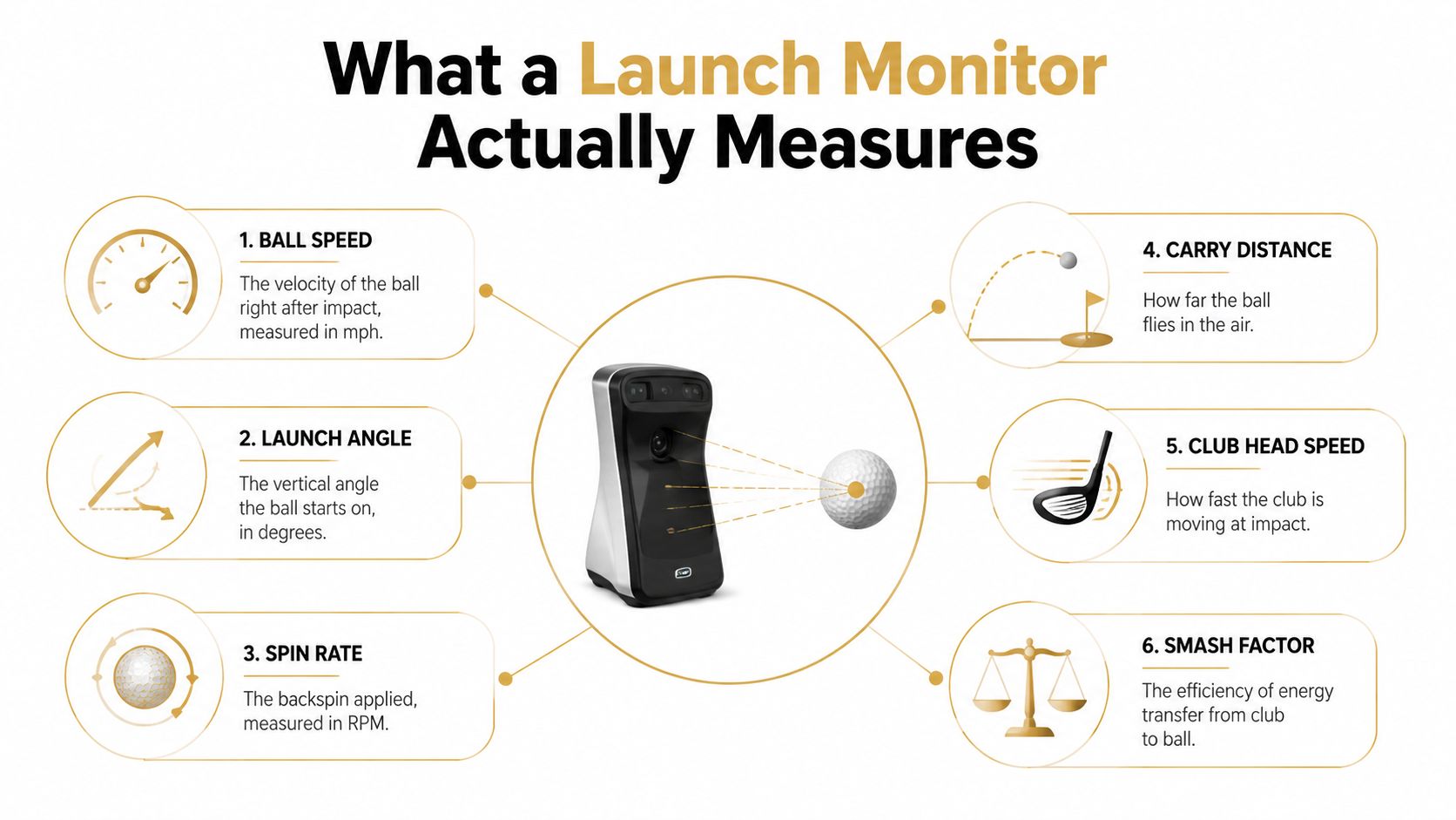 An infographic showing six key performance metrics measured by a golf launch monitor system.