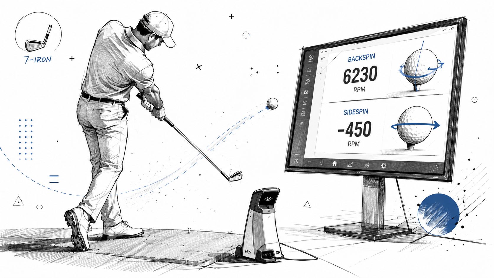 A digital sketch of a golfer swinging a 7-iron with a launch monitor displaying spin data.
