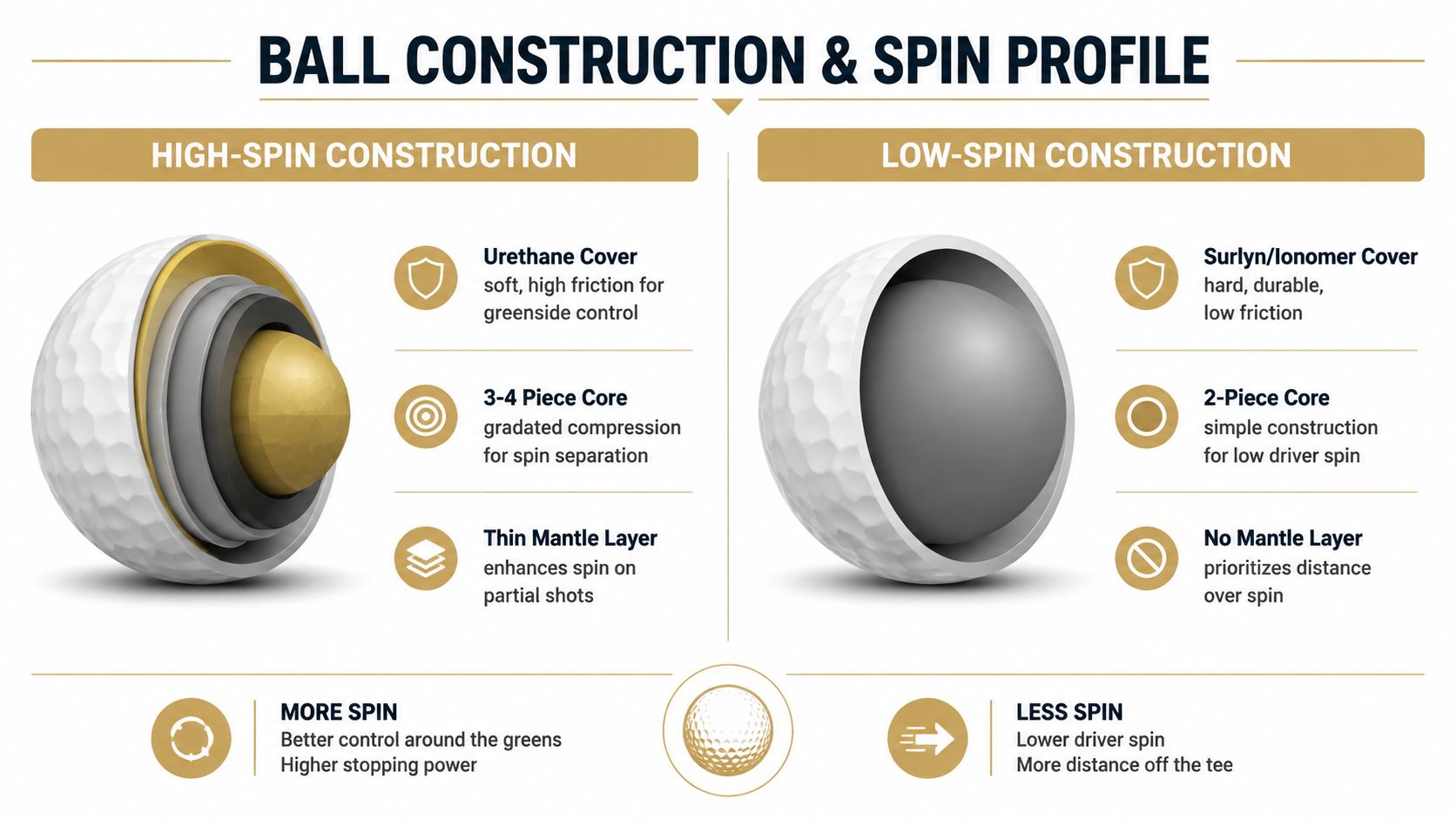 A diagram comparing high-spin golf ball construction with a soft cover against a low-spin distance ball.