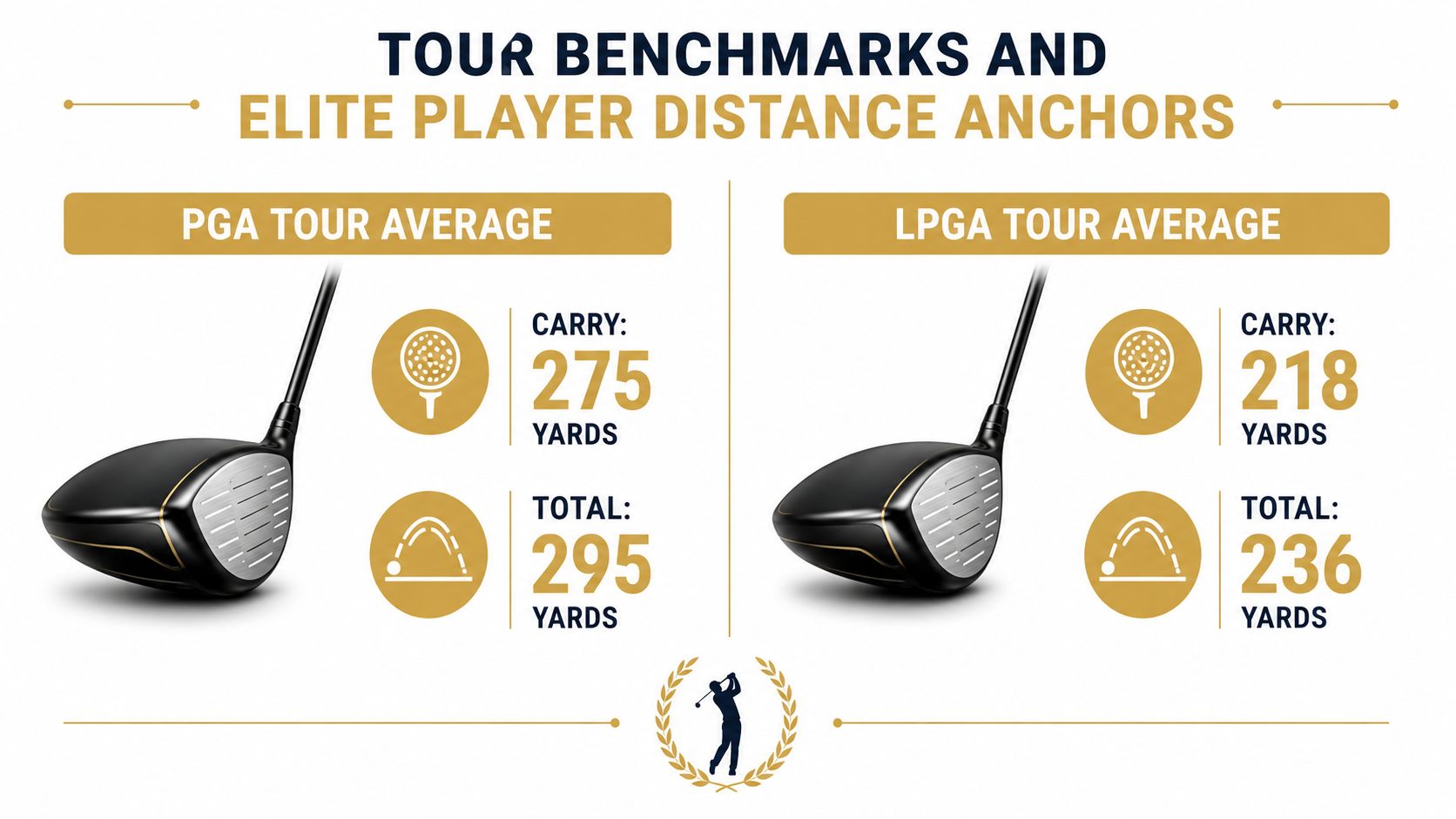 A comparison chart showing the average driving carry and total distances for PGA and LPGA tour players.