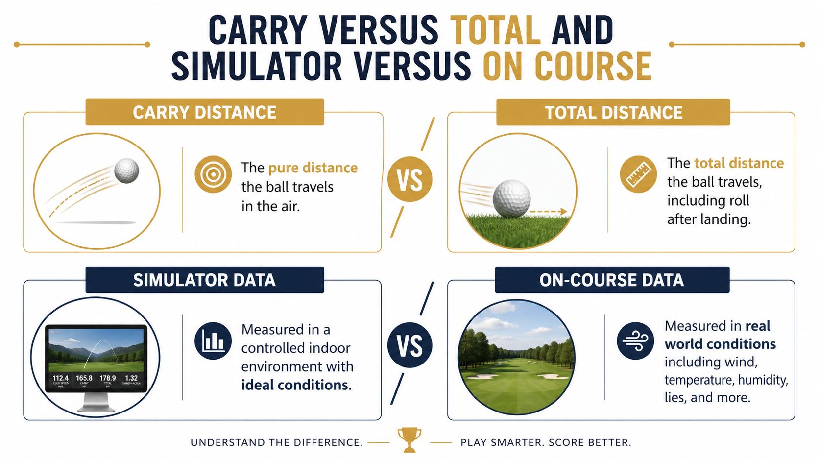 An infographic explaining the differences between carry versus total distance and simulator versus on-course golf data.