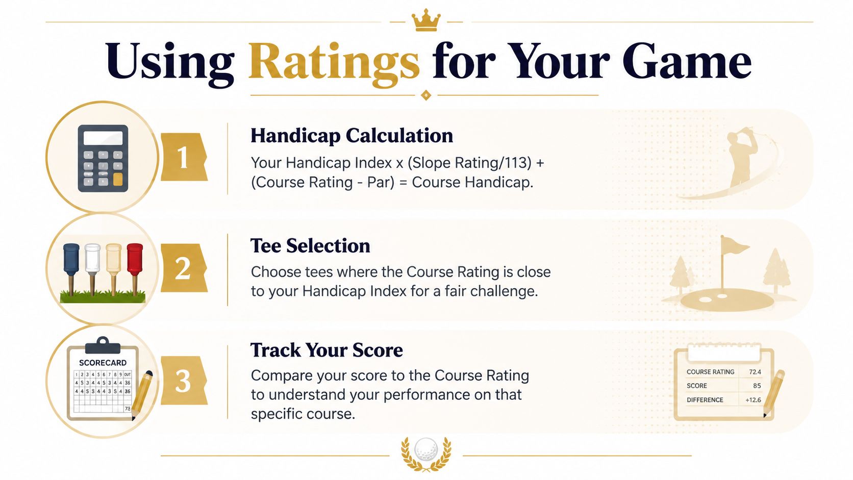 An infographic explaining how golfers can use course ratings, slope ratings, and handicap calculations to improve their game.