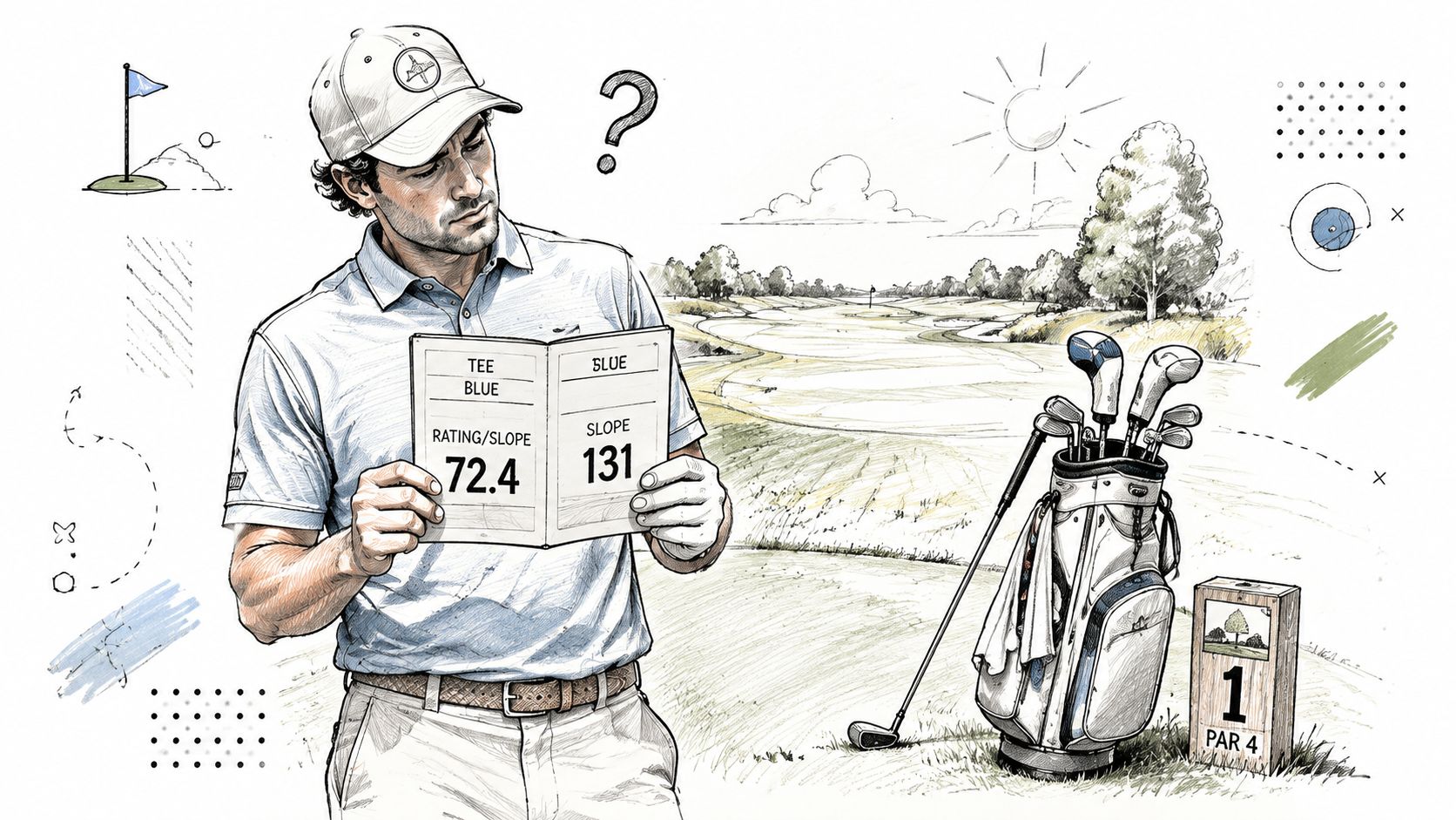 A golfer looking confused while holding a scorecard showing course rating and slope values on a course.