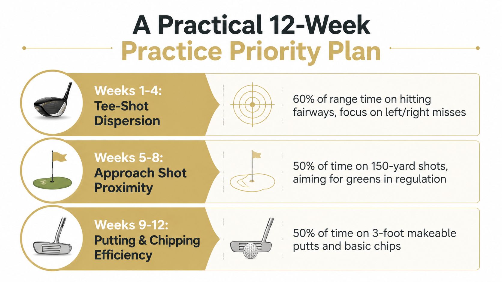 A 12-week golf training guide outlining practice priorities for driving, approach shots, and short game skills.