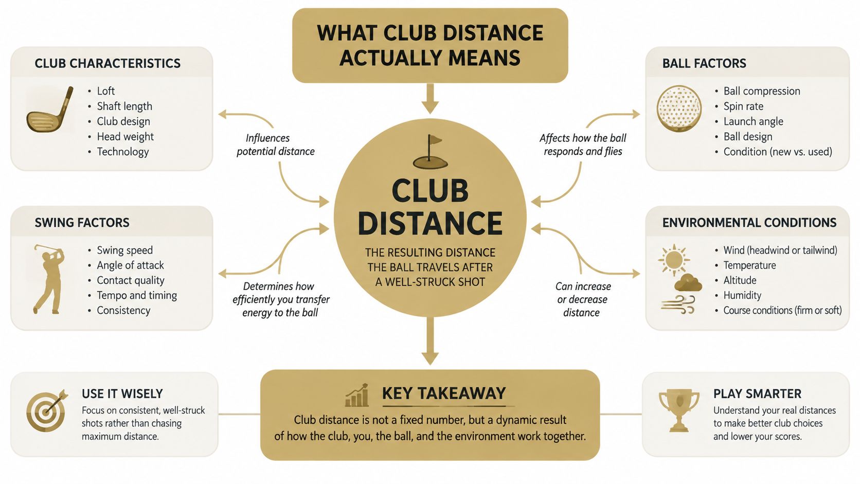 An infographic explaining the various factors that influence the distance a golf ball travels after a shot.