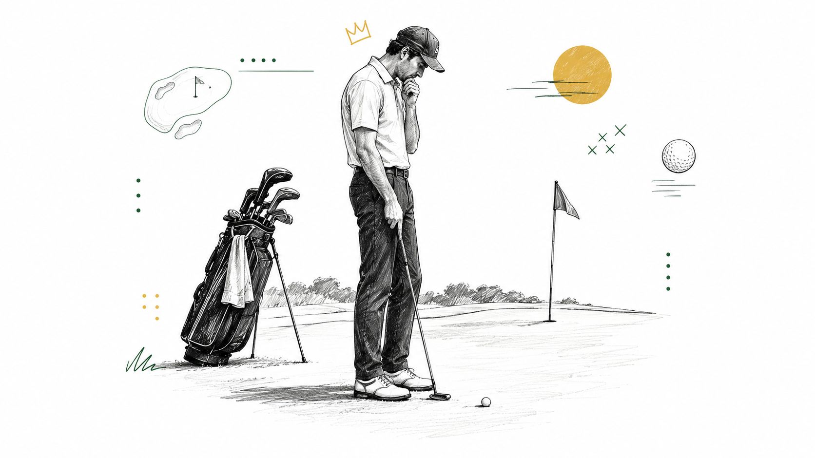 A pencil sketch of a professional golfer standing on a putting green, contemplating his next shot.