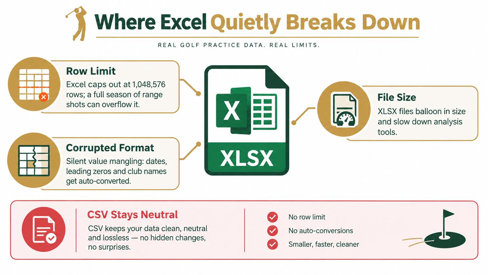 An infographic comparing the limitations of Excel files versus the advantages of CSV files for data storage.