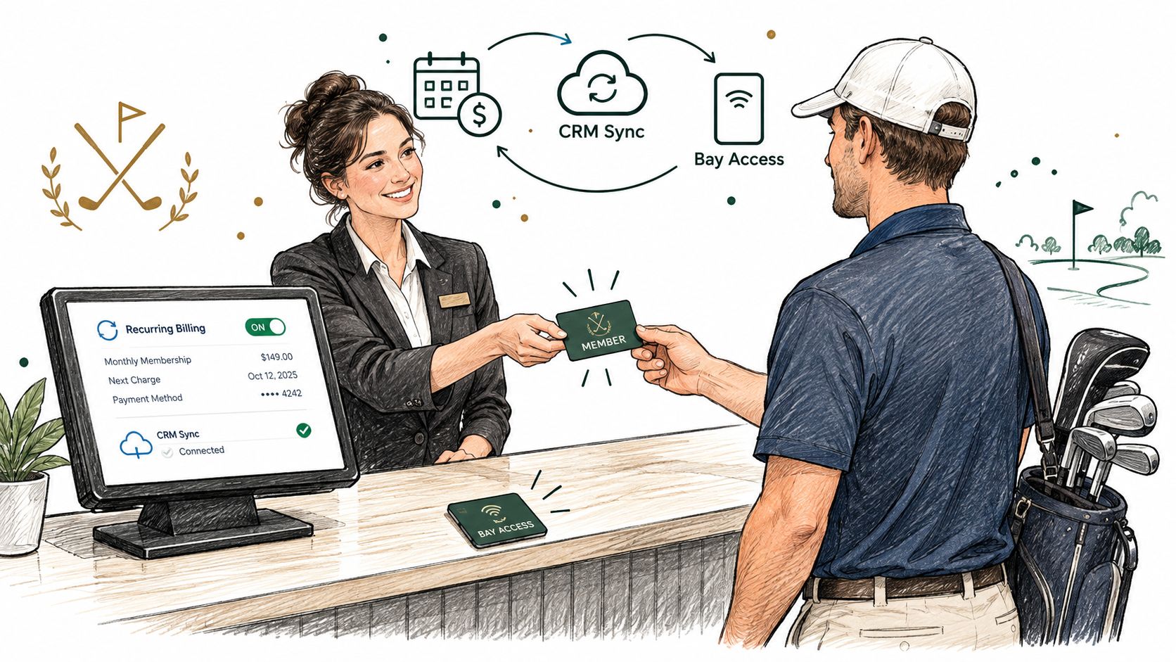 A receptionist hands a golf club membership card to a customer at a modern golf facility counter.