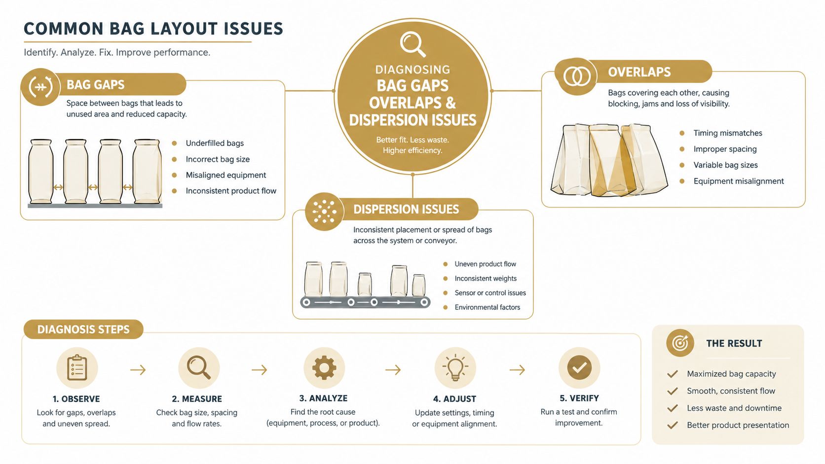 An infographic illustrating common industrial bag layout issues like gaps, overlaps, and dispersion with diagnostic steps provided.