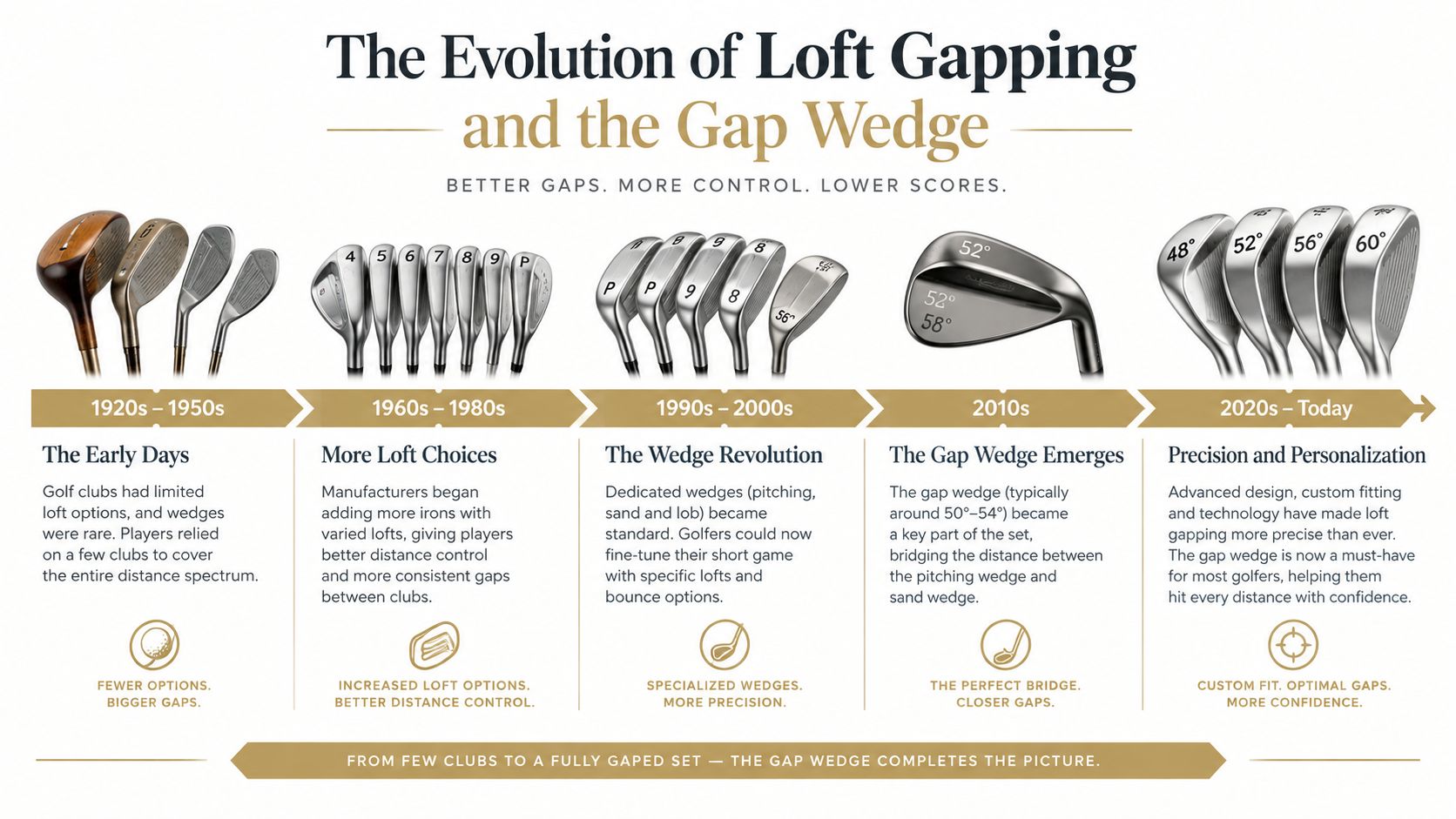 A timeline graphic illustrating the evolution of golf club loft gapping from the 1920s to modern times.