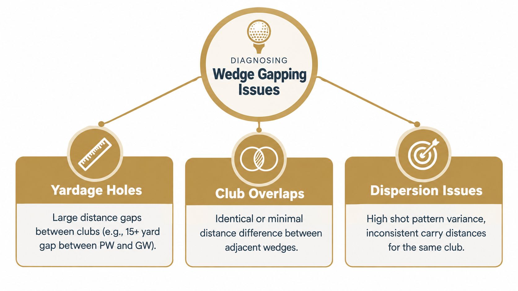 A diagnostic chart illustrating three common golf wedge gapping issues including yardage holes, club overlaps, and dispersion.