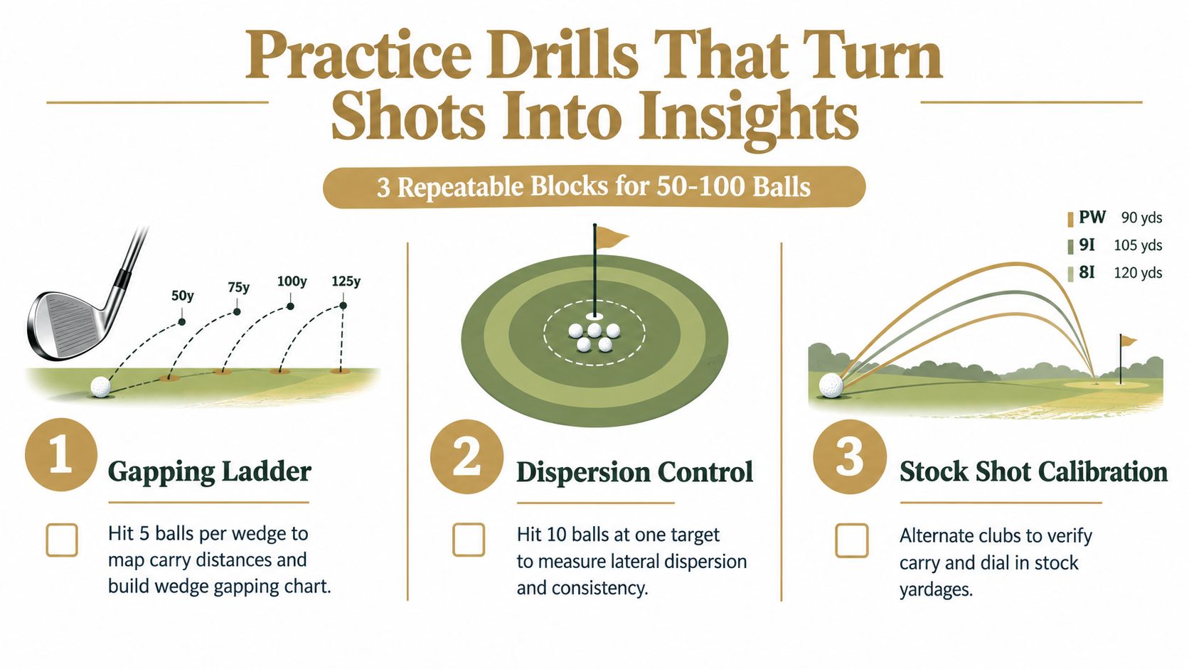 An infographic detailing three golf practice drills for range sessions to improve distance control and shot consistency.