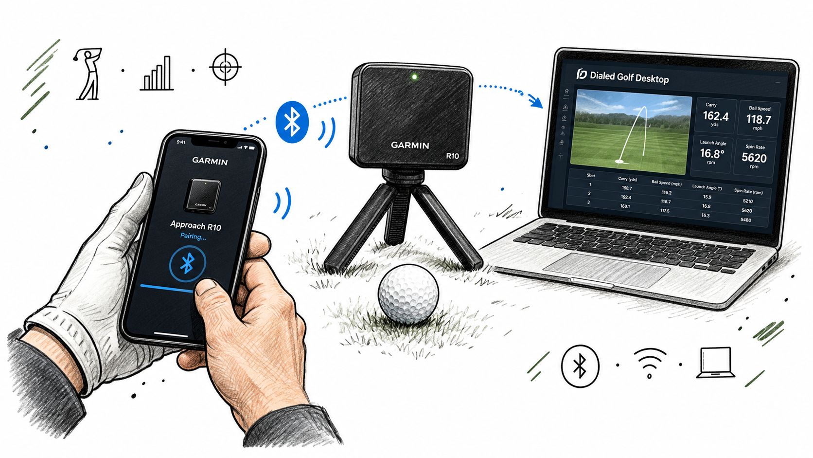 A golfer using a Garmin Approach R10 launch monitor connected to a smartphone and laptop for data.