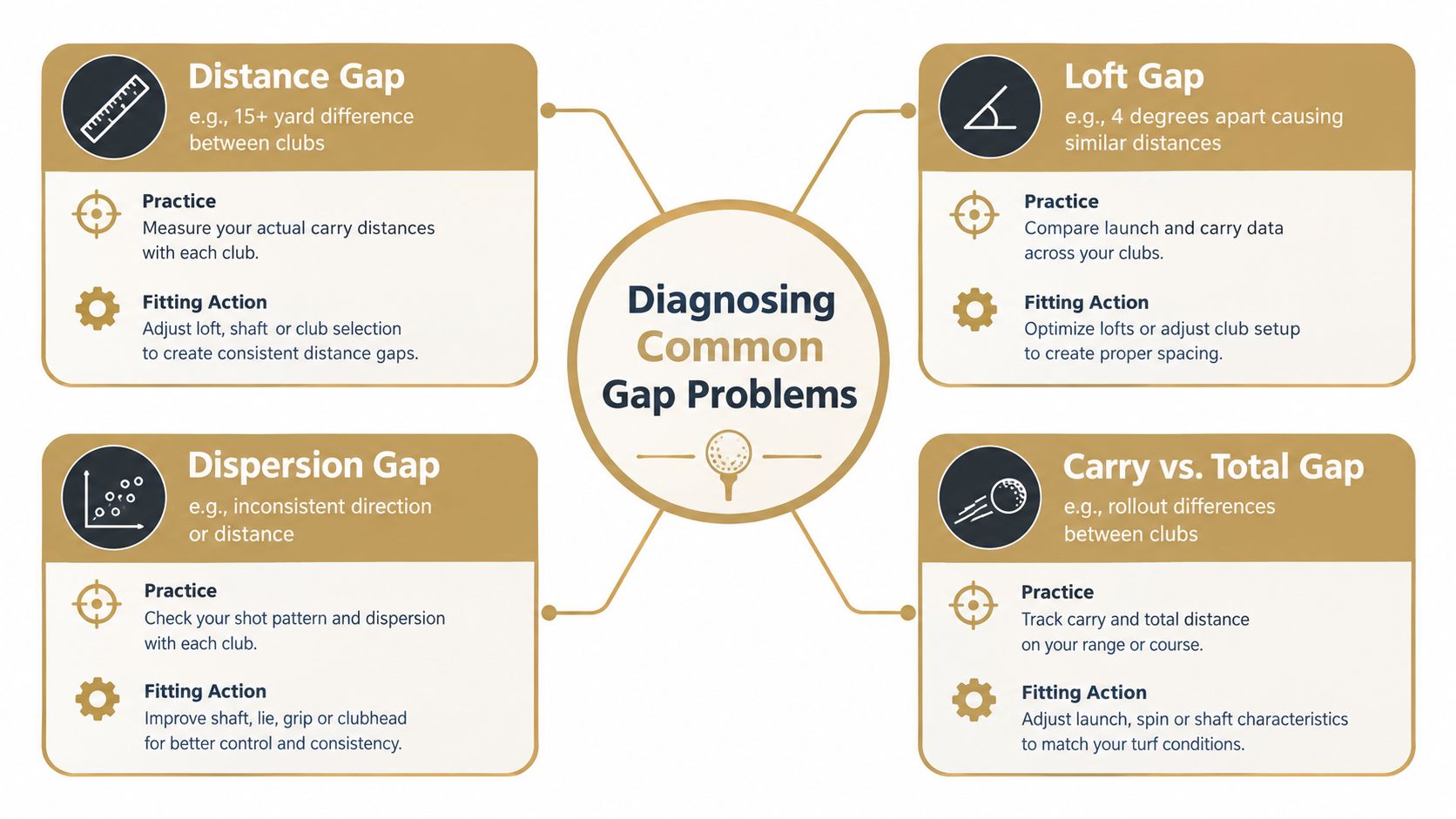 An infographic titled Diagnosing Common Gap Problems showing four main golf club fitting issues with solutions.