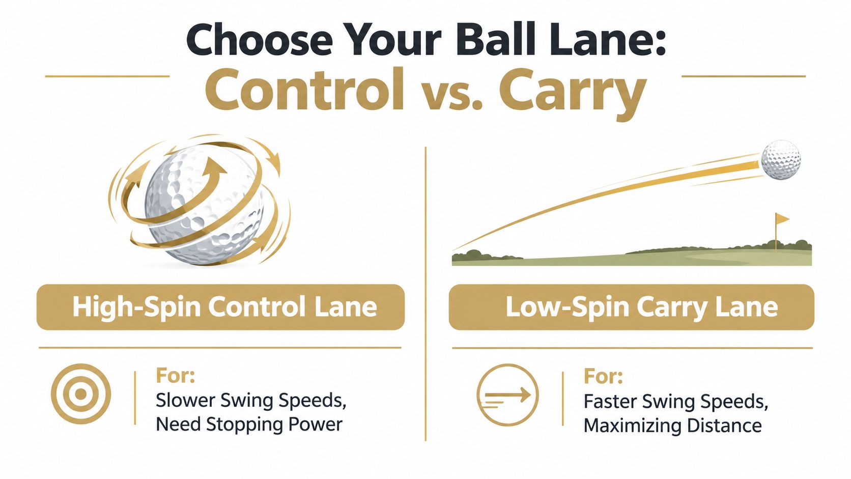 A diagram comparing high-spin control lane and low-spin carry lane golf balls based on swing speed.