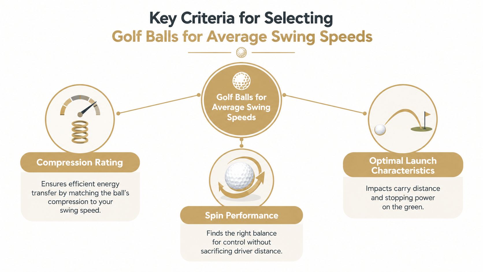 A diagram illustrating the key criteria for selecting golf balls suited for average swing speeds.