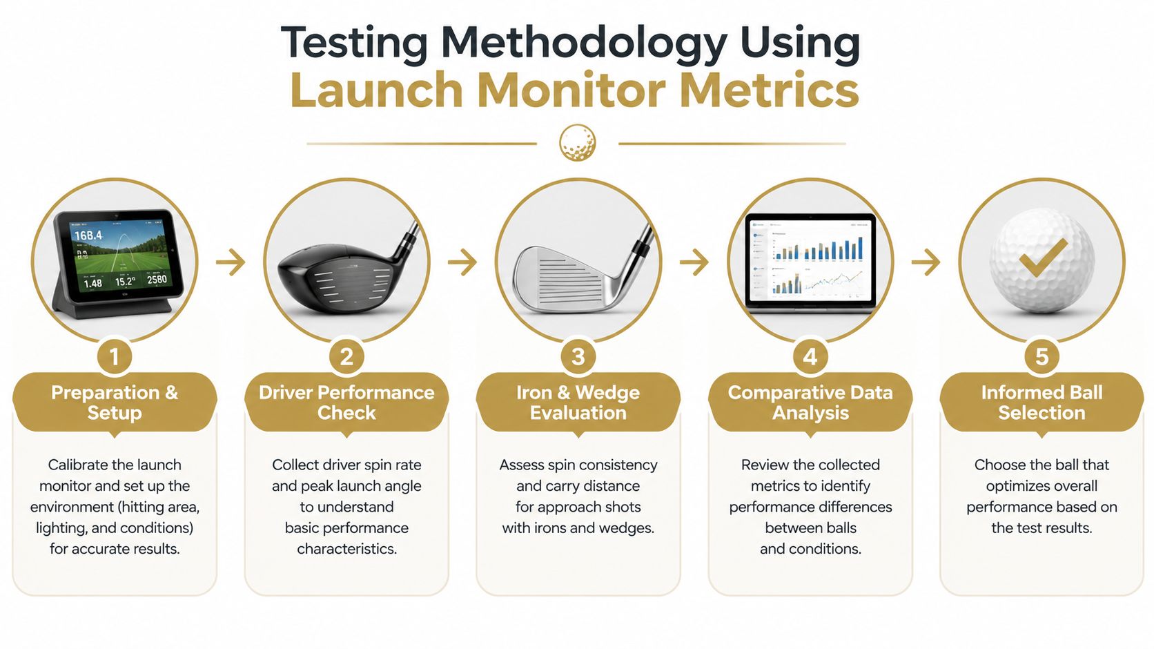 A five-step infographic illustrating a golf ball testing methodology using launch monitor metrics for performance evaluation.
