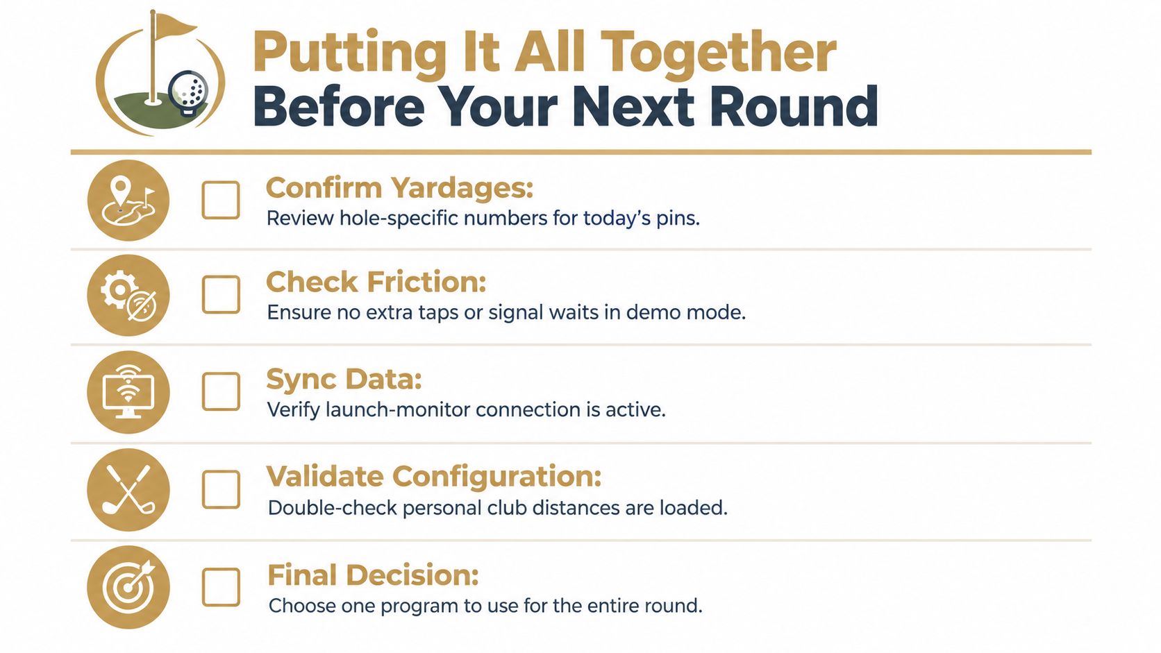 A checklist titled Putting It All Together Before Your Next Round for golf caddie technology preparation.
